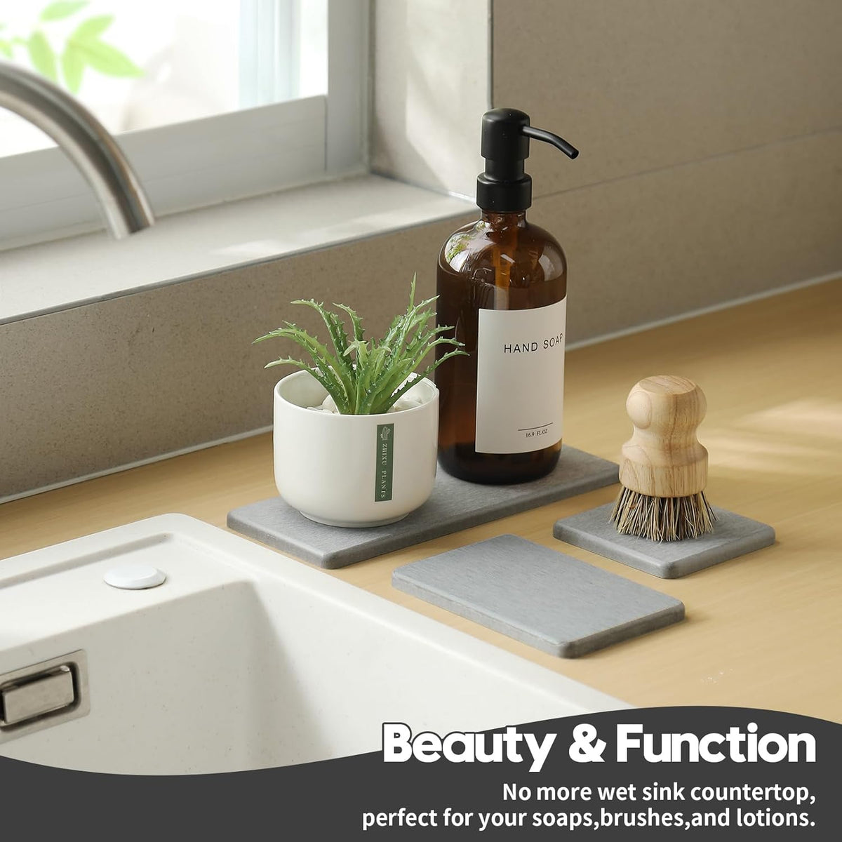 3PCS Bathroom Sink Vanity Trays, Quick Stone Drying Mat Dish Soap Dispenser Sponge Holder for