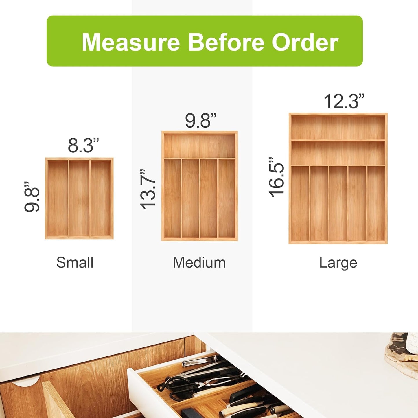 Bamboo Utensil Drawer Organizer, Kitchen Organizer for Flatware Cutlery, Silverware Tray for Drawer