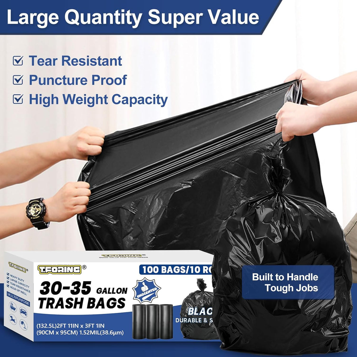 30-35 Gallon Trash Bags Heavy Duty 1.5 Mil - 35" x 37" 100 Count Large Black Garbage Bags 30+