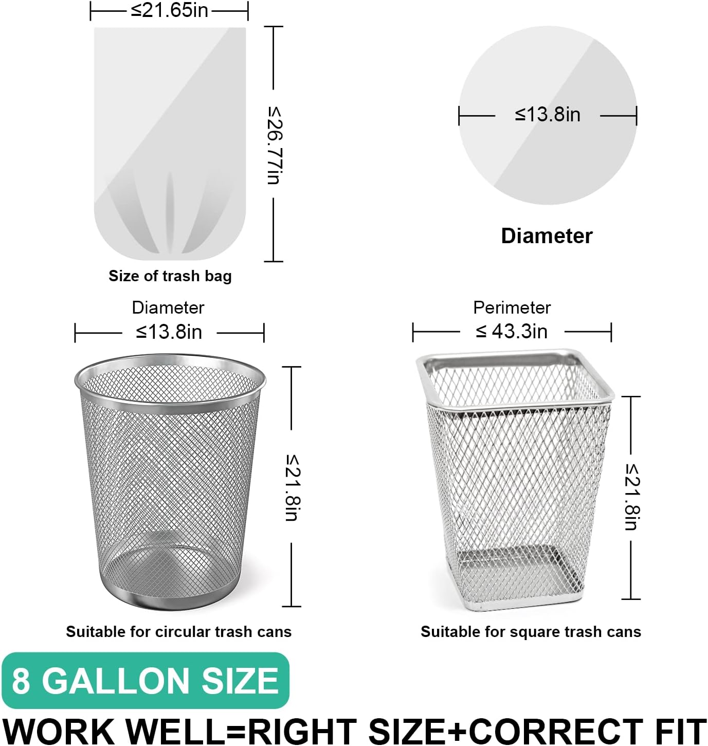 120 Count 8 Gallon Trash Bags Unscented - Thick Clear Medium Garbage bags, 30 Liter Strong Plastic