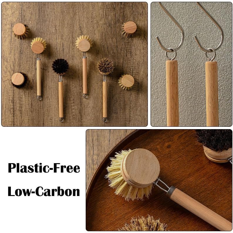 Bamboo Dish Brush with Handle, 1 Sturdy Wooden Handle with 3 Natural Bristle Heads, Horsehair