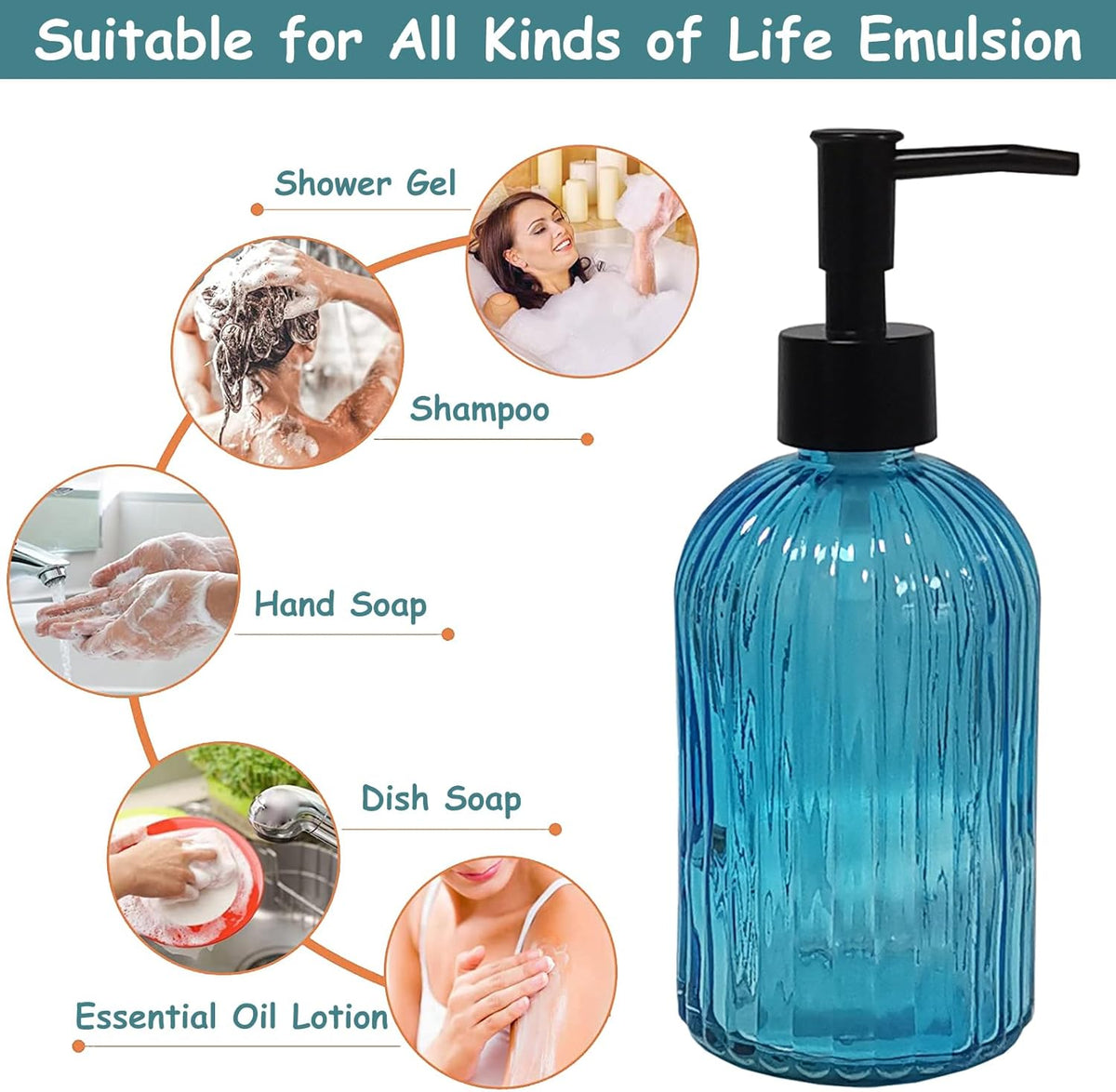 Blue Glass Soap Dispenser Set with Black Pump, 13.5oz Refillable Hand Dispenser, Lotion Dish Soap
