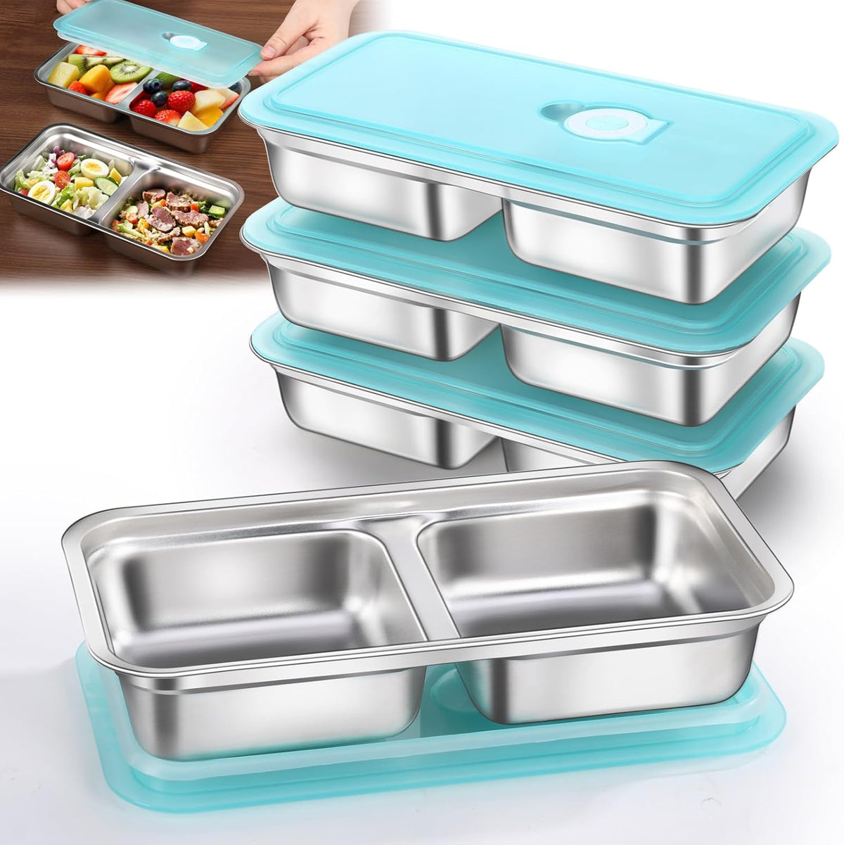 4 Pack Stainless Steel Snack Containers Reusable, Grab and Go 2 Compartment Food Storage Containers