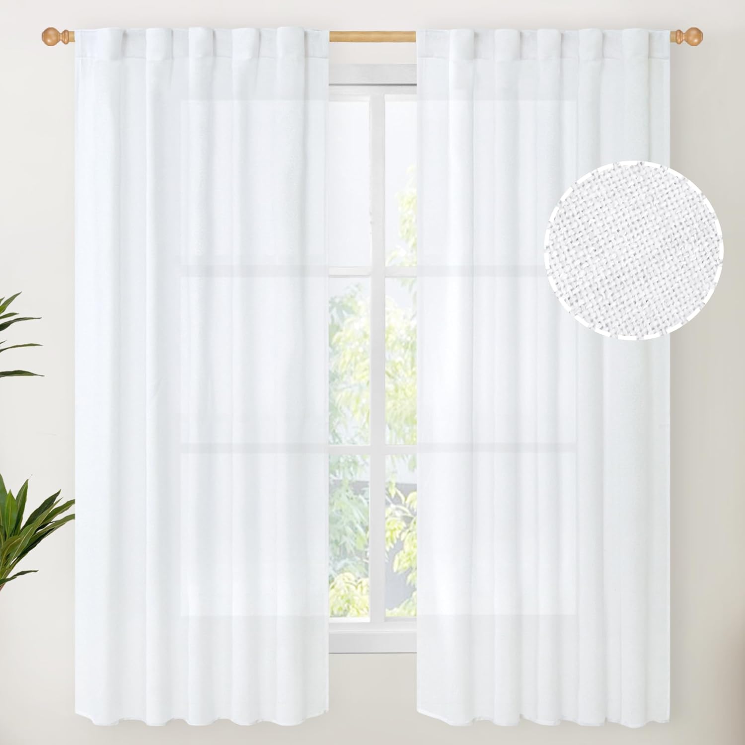 YoungsTex White Linen Semi Sheer Curtains 63 Inch Length for Short Window, Light Filtering Rod