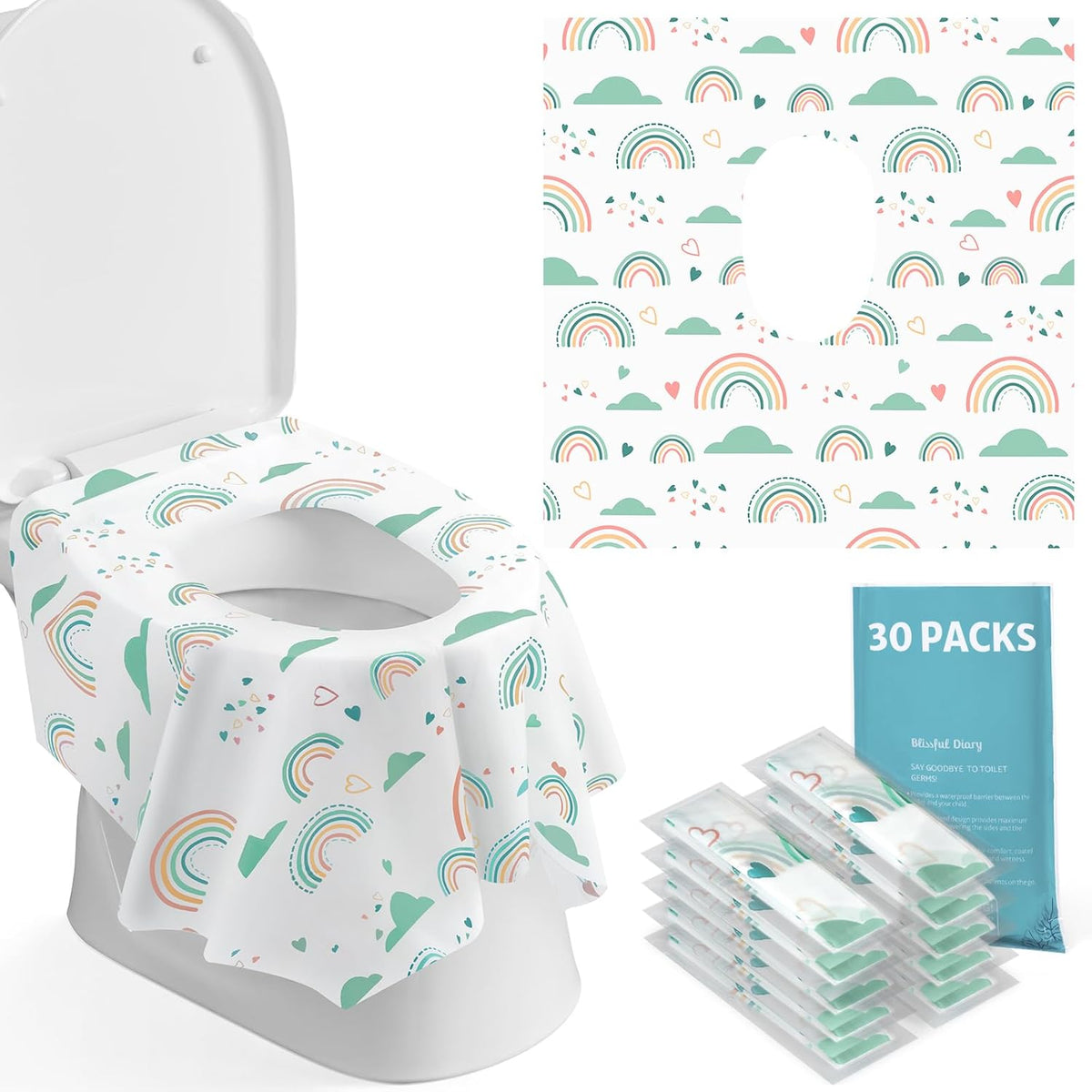 Blissful Diary 30 Pcs Toilet Seat Covers Disposable for Toddlers & Adults, Extra Large Waterproof