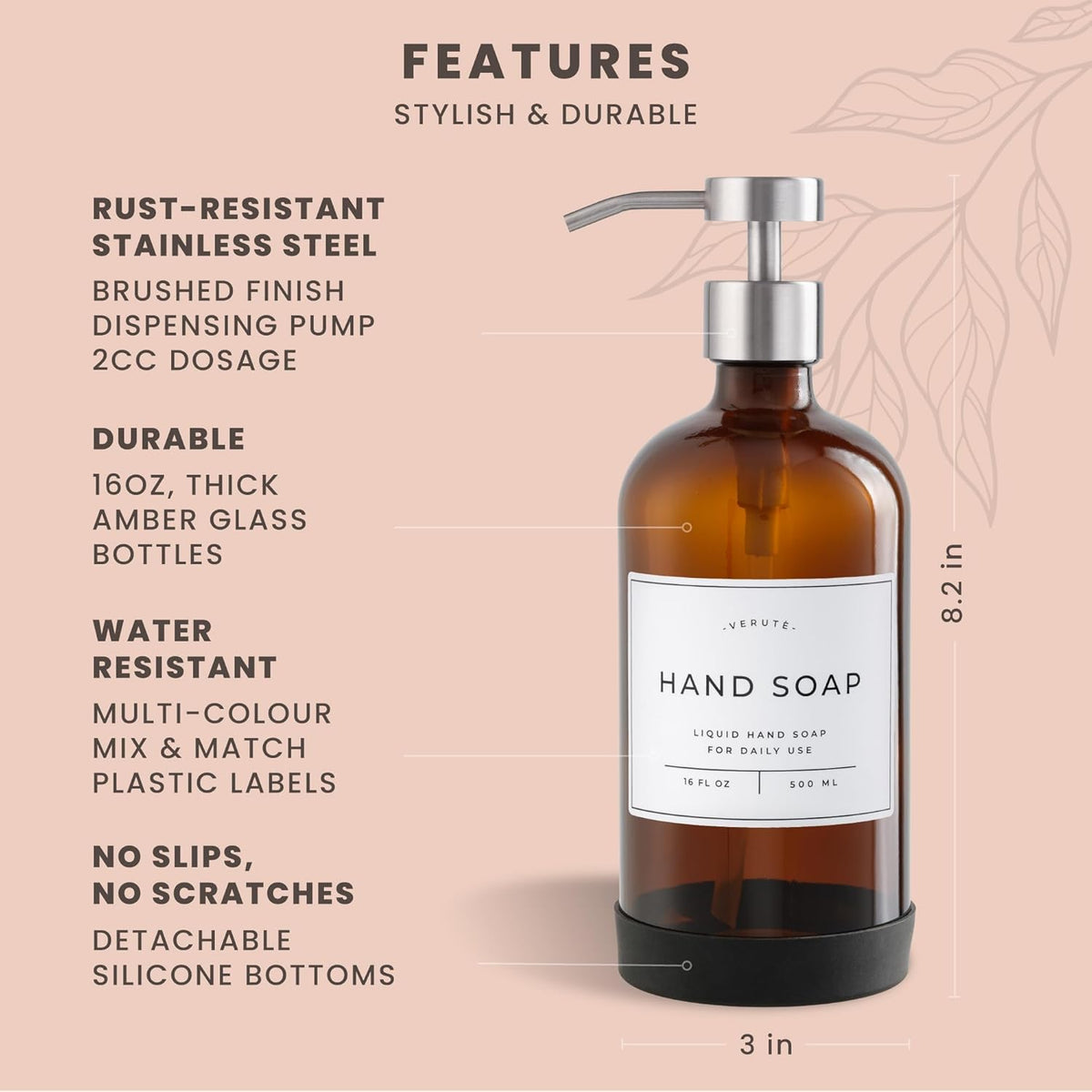 16oz Glass Soap Dispenser with Stainless Steel Pump, 21 Waterproof Labels, Non-Slip Protective