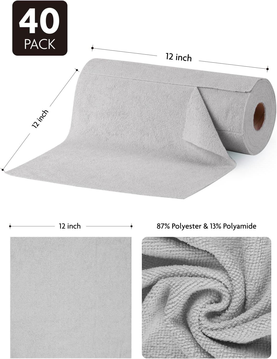 Fantasticlean Microfiber Cleaning Cloth Roll -40 Pack, Tear Away Microfiber Towels, 12" x 12"