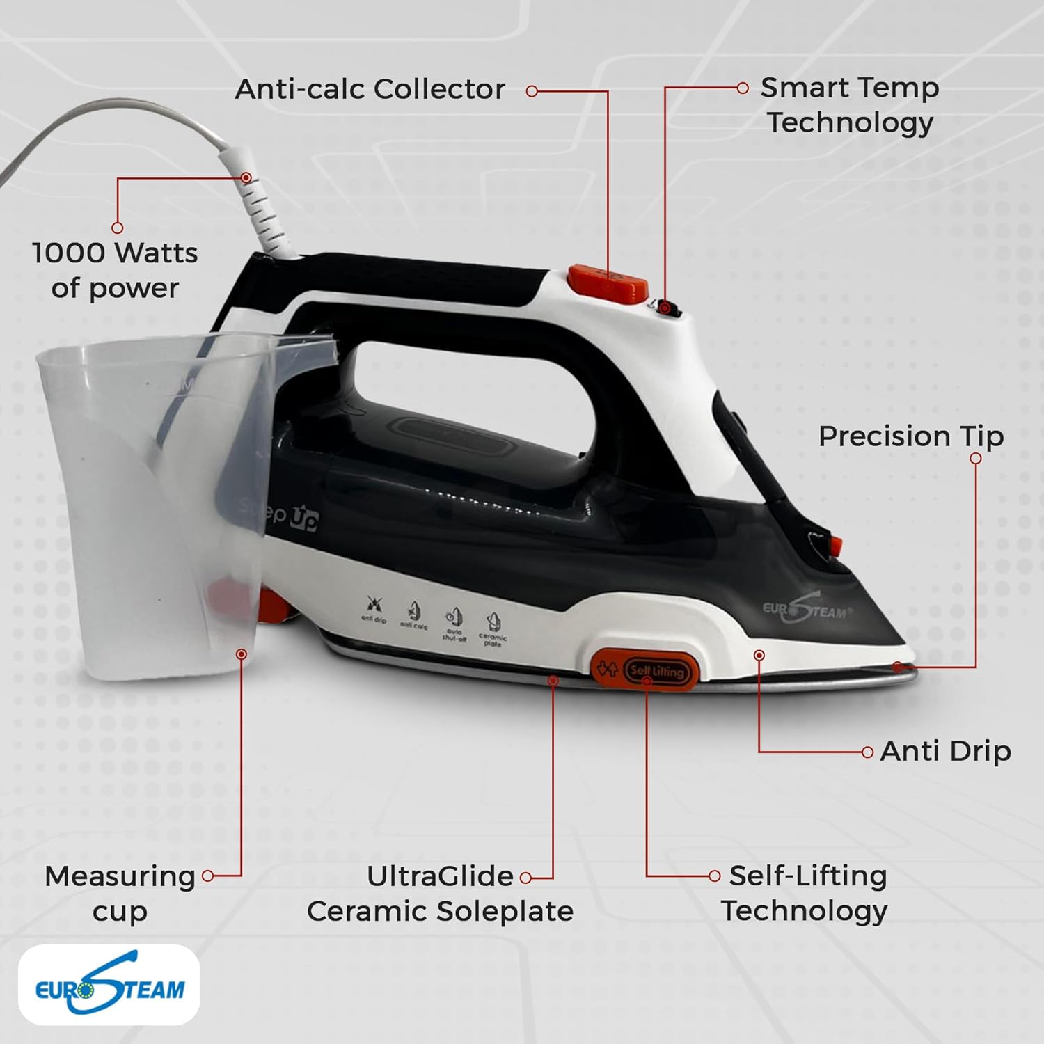 Eurosteam Step Up Iron - Self-Lifting Smart Iron with Ceramic Soleplate - Auto-Lift Safety & Smart