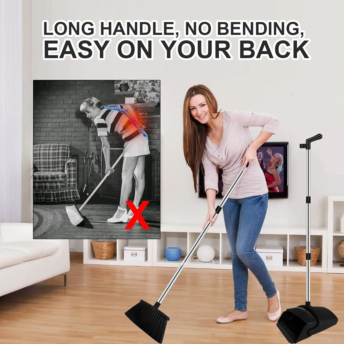 Broom and Dustpan Set, Household Broom with Dustpan Combo Set, 51" Long Handle, Dust Pan Set for