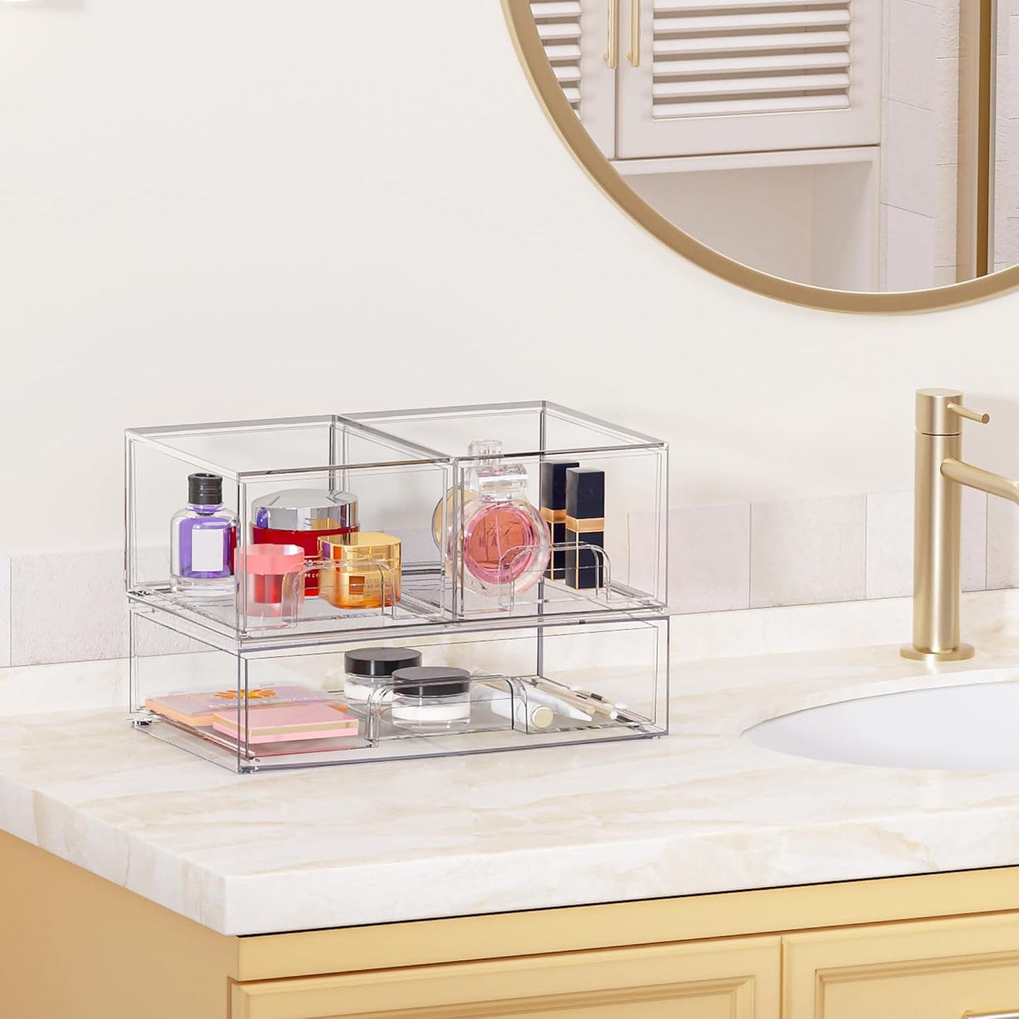 Vtopmart Stackable Storage Drawers Set of 3,Clear Plastic Organizer Bins for Makeup, Cosmetics