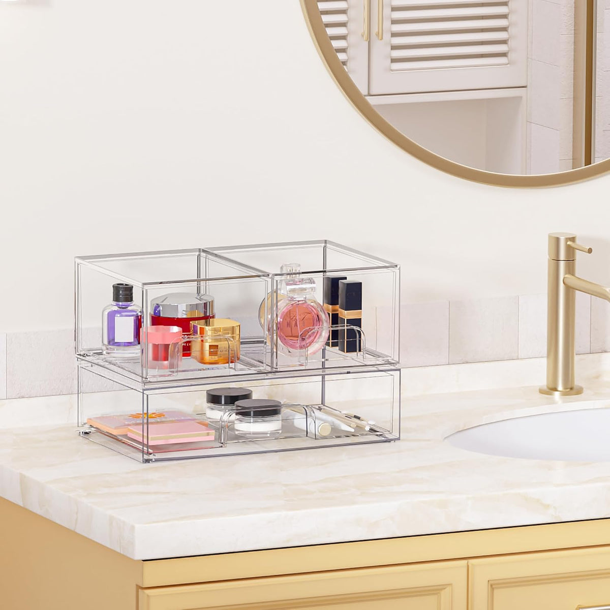 Vtopmart Stackable Storage Drawers Set of 3,Clear Plastic Organizer Bins for Makeup, Cosmetics