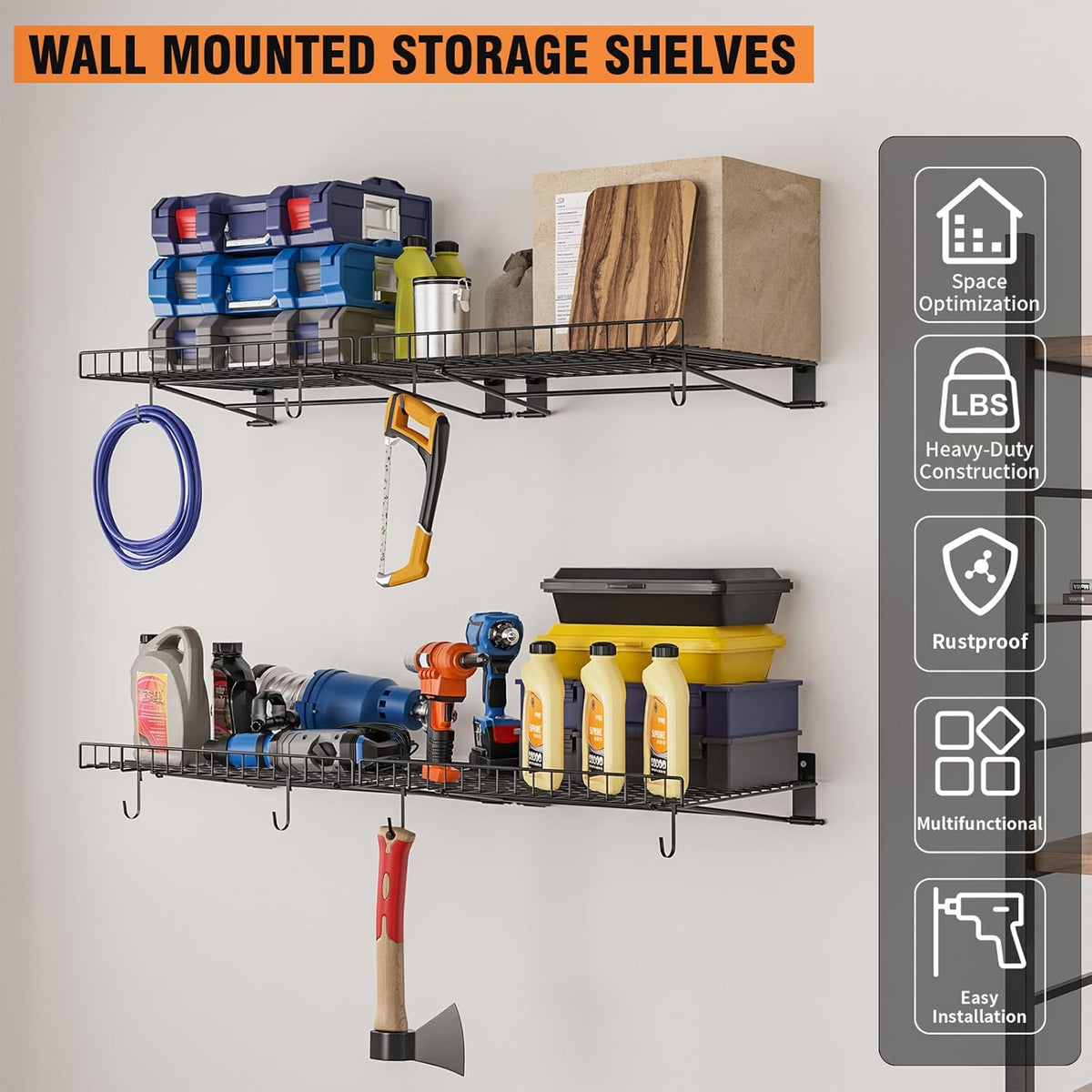 6 Pack Foldable Wall Shelf, Wall Mounted Garage Storage Shelves, Heavy Duty Wall Shelving Supports