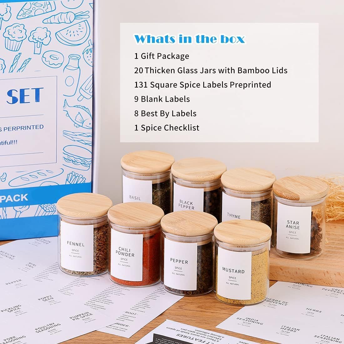 Glass Spice Jars with Bamboo Lids - 20 Pcs Thicken(2.4mm) 4oz Airtight Seasoning Containers with