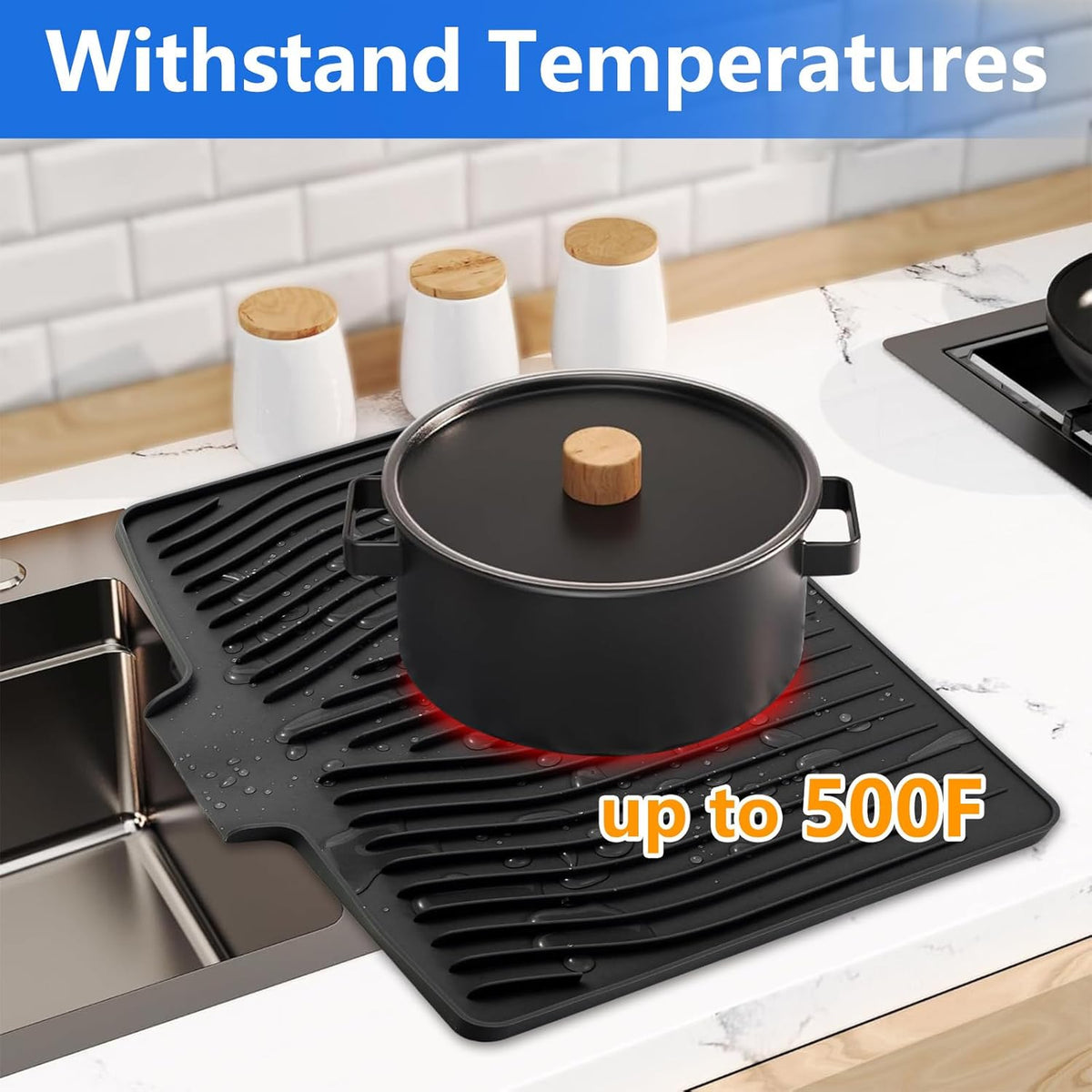 Silicone Dish Drying Mat for Kitchen Counter, Dish Drainer Mat, Non-Slip Drying Pad with Built-in