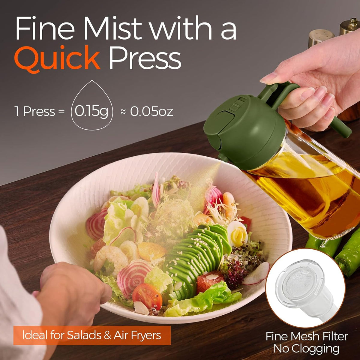 YARRAMATE 16oz/470ml Glass Olive Oil Sprayer for Cooking with Stickers, 2 in 1 Oil Dispenser for