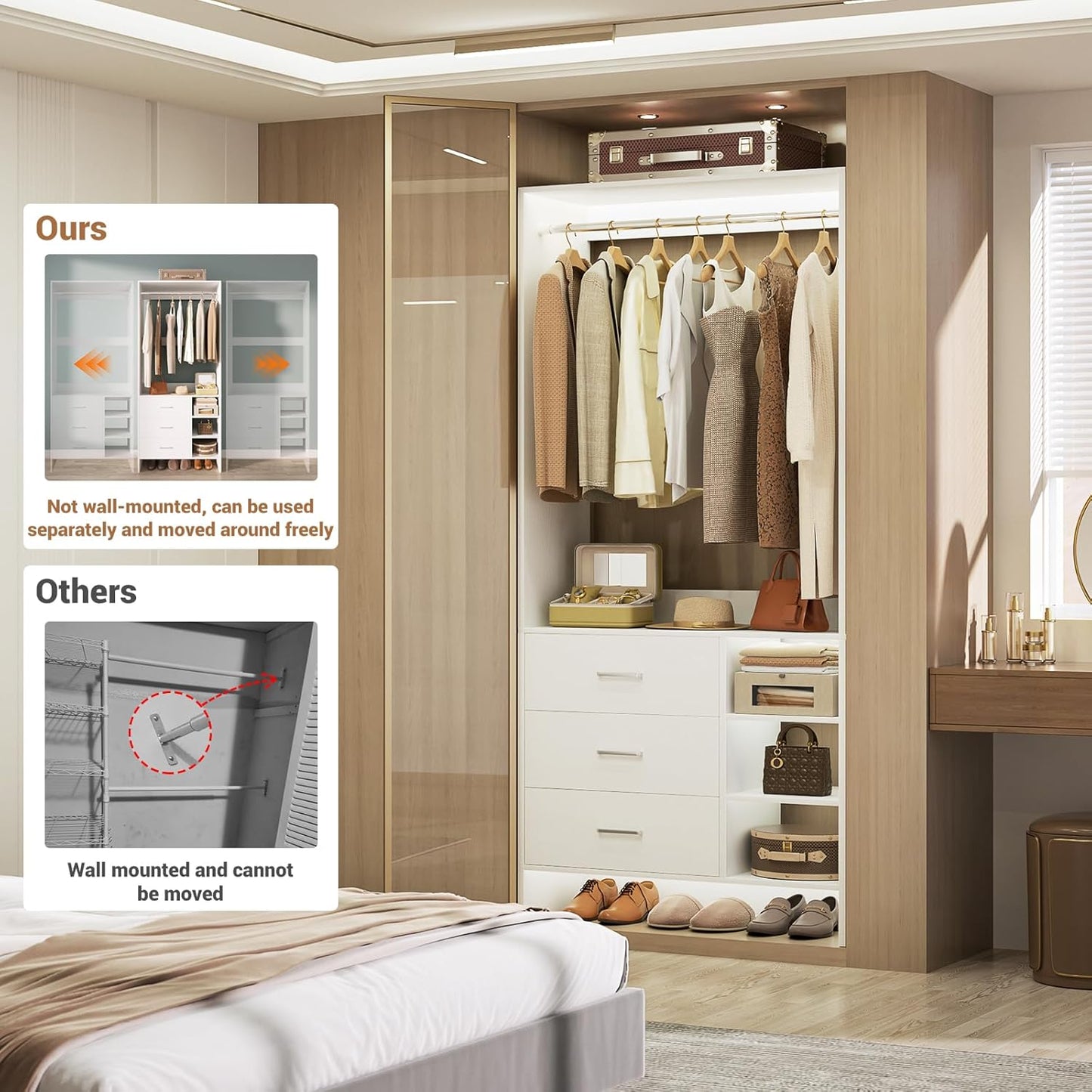 Aheaplus 2.5FT Closet System with 3 Drawers, 29.5’’ Closet Organizer, Wood Closet Organizer System