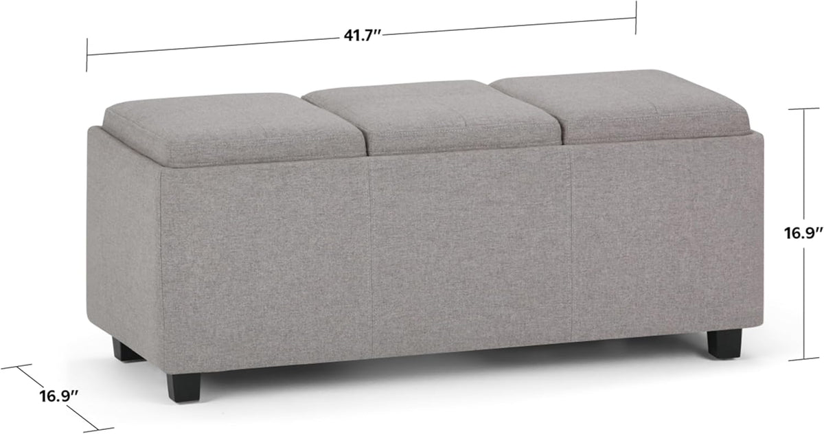 SIMPLIHOME Avalon 42 inch Wide Contemporary Rectangle Storage Ottoman in Cloud Grey Linen Look
