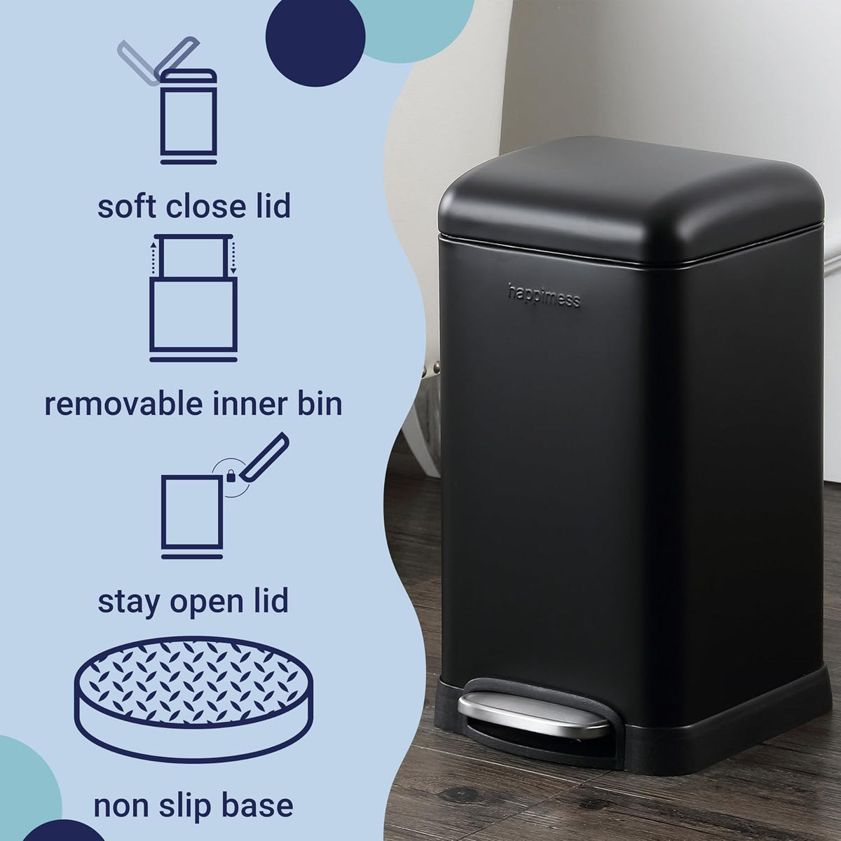 happimess HPM1012B Betty Retro Mini 3.2-Gallon Step-Open Trash Can with Soft-Close Lid, Modern