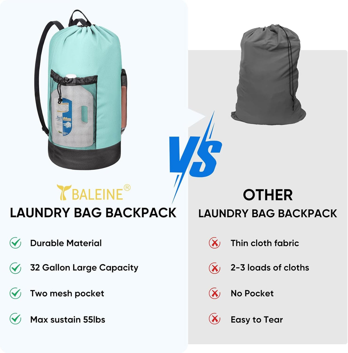 BALEINE 120L Laundry Bag Backpack, 900D Oxford Fabric Large Travel Laundry Bags with Shoulder