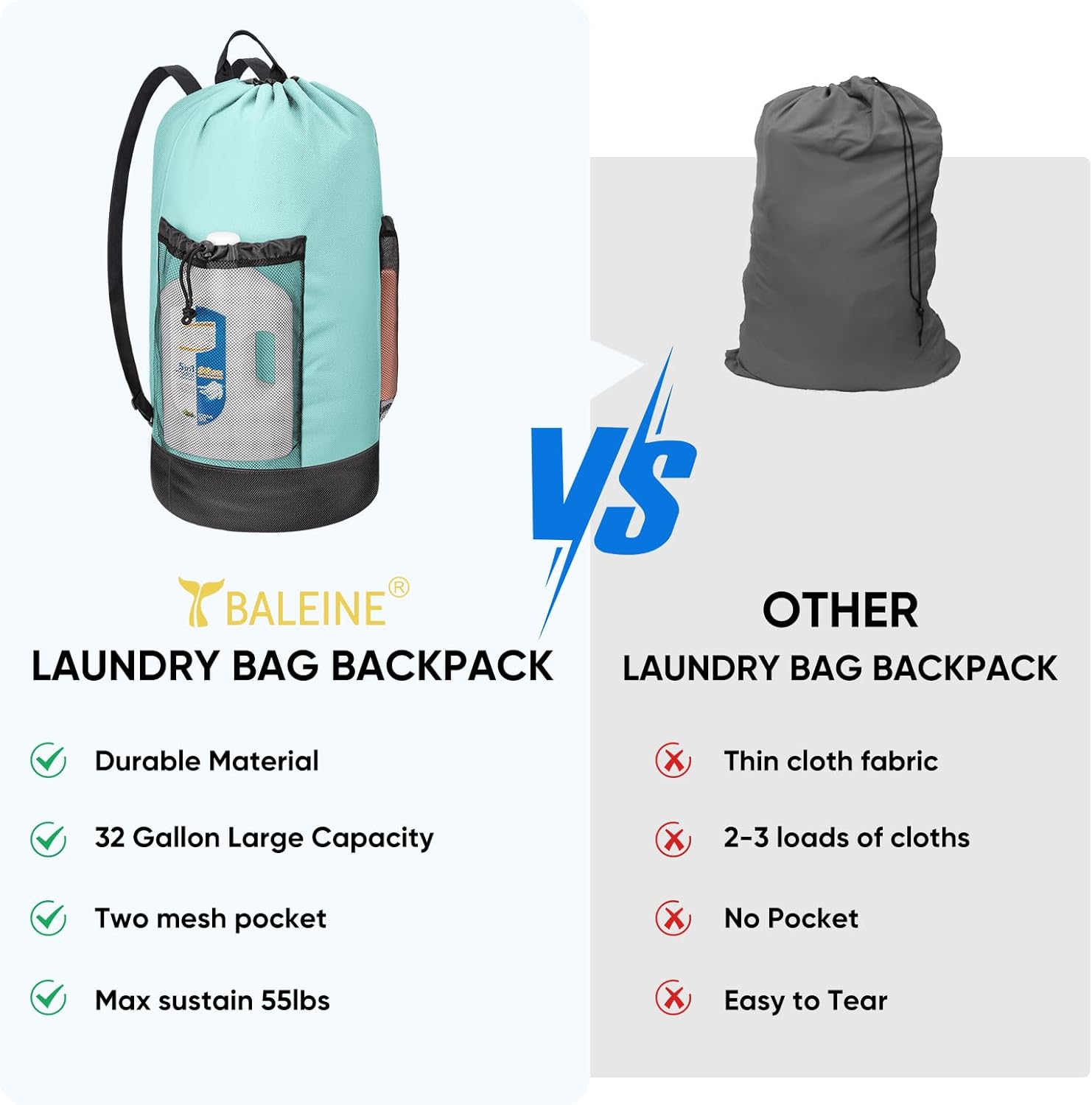 BALEINE 150L Laundry Bag Backpack, 900D Oxford Fabric Large Travel Laundry Bags with Shoulder
