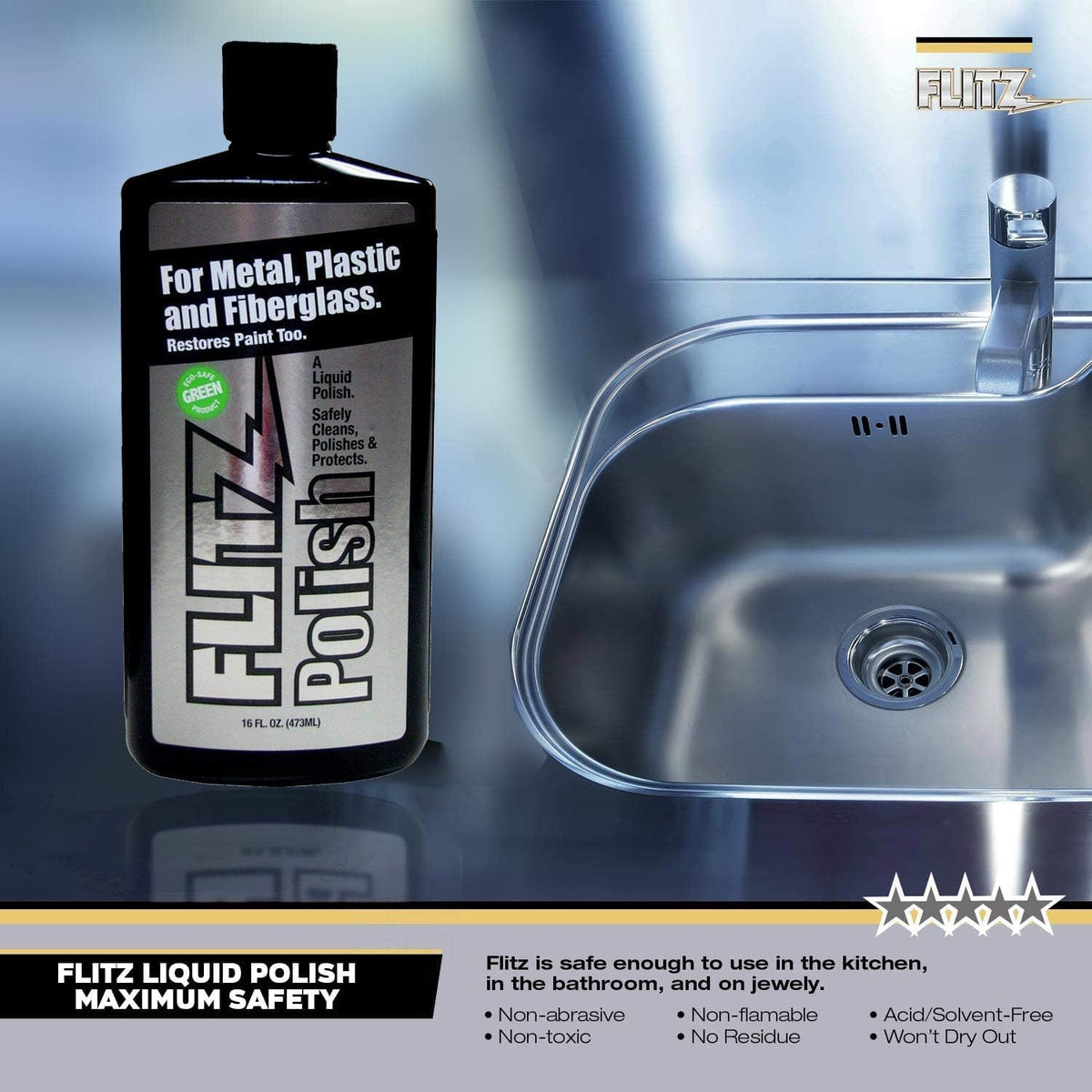 Flitz Multi Purpose Metal Polish Liquid - 16oz Bottle of USA-Made Tarnish Remover - For Aluminum