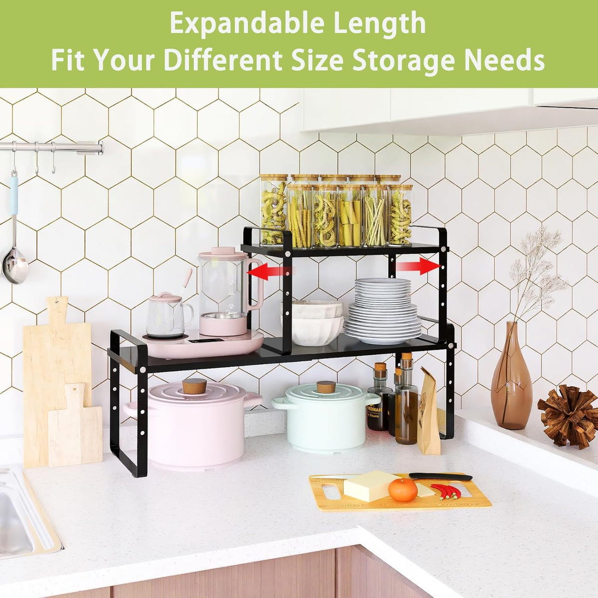 Expandable Cabinet Shelf Organizer Rack, Stackable Kitchen Countertop Organizer Storage Shelves
