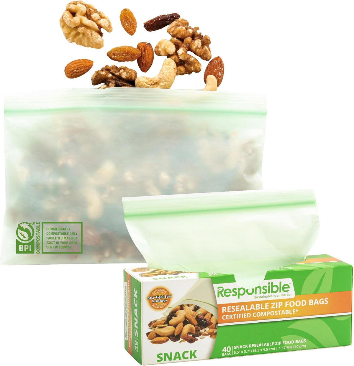 Responsible Products Certified Compostable SNACK Resealable Zip Bag, Extra Strength Food Bags