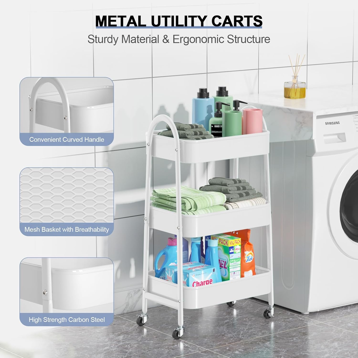 EAGMAK 3 Tier Utility Rolling Cart, Metal Storage Cart with Handle and Lockable Wheels
