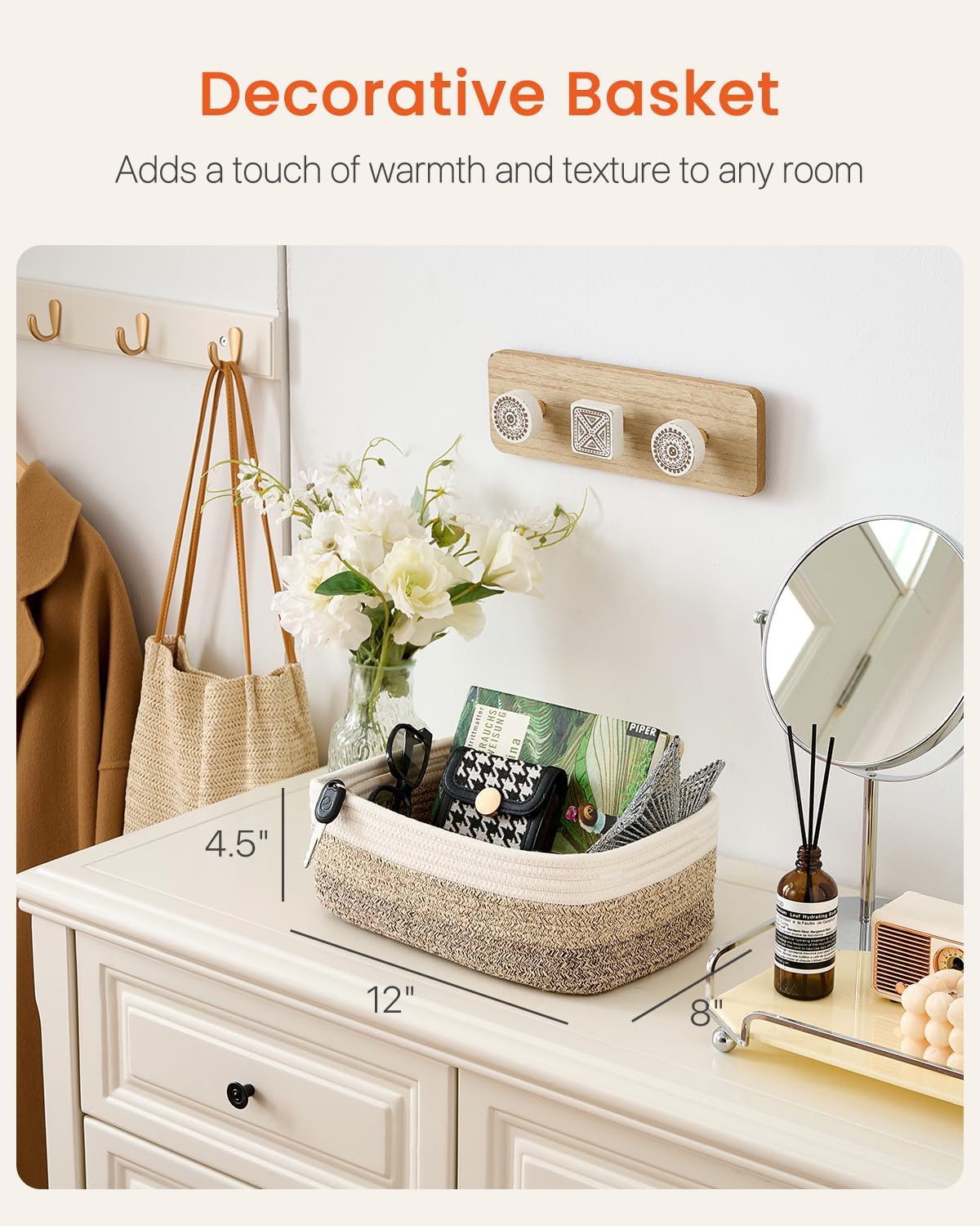 Small Woven Basket, 12 x 8 x 4.5 Inches, Storage Basket for Organizing, Cute Small Rope Shelf