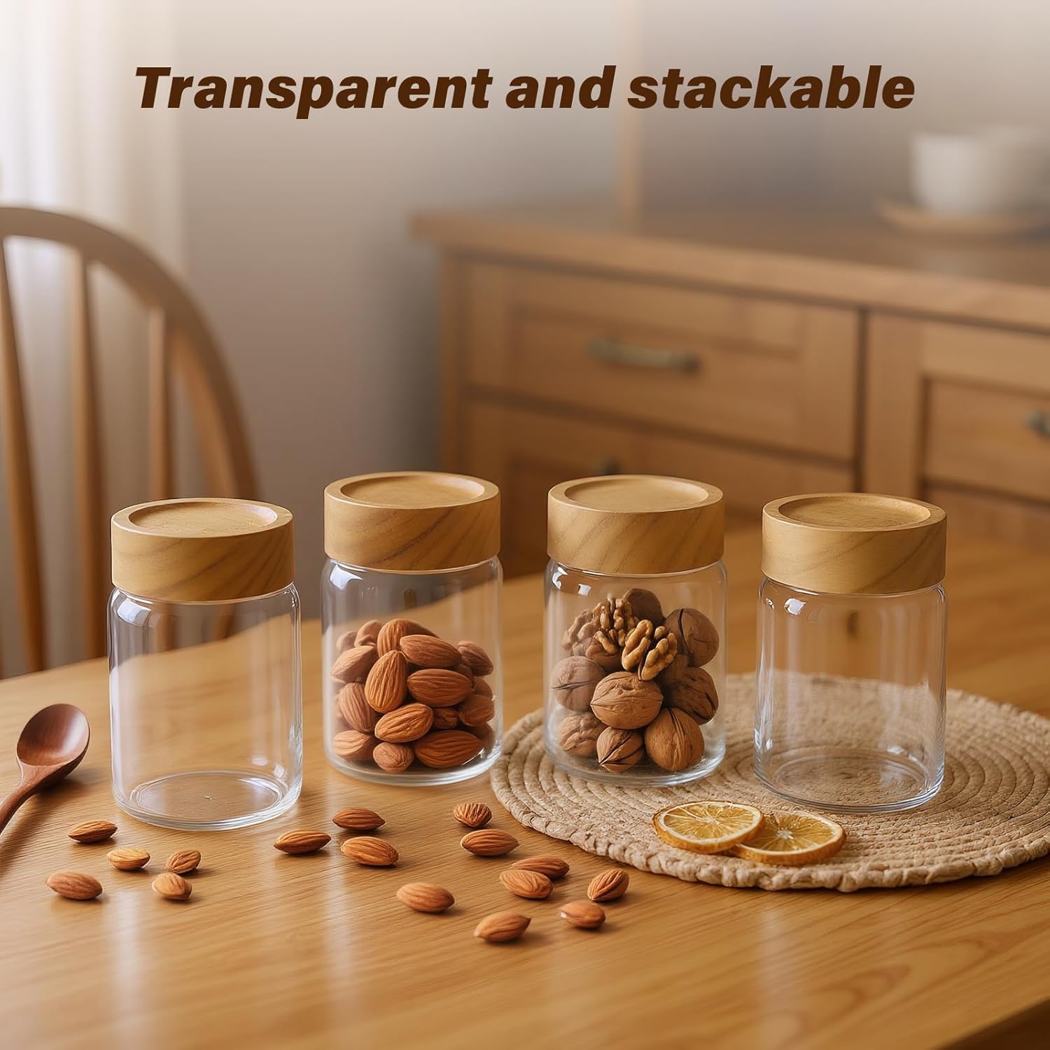6pc Glass Mason Jars with Acacia Wood Airtight Lids - Overnight Oats & Food Storage Container Set