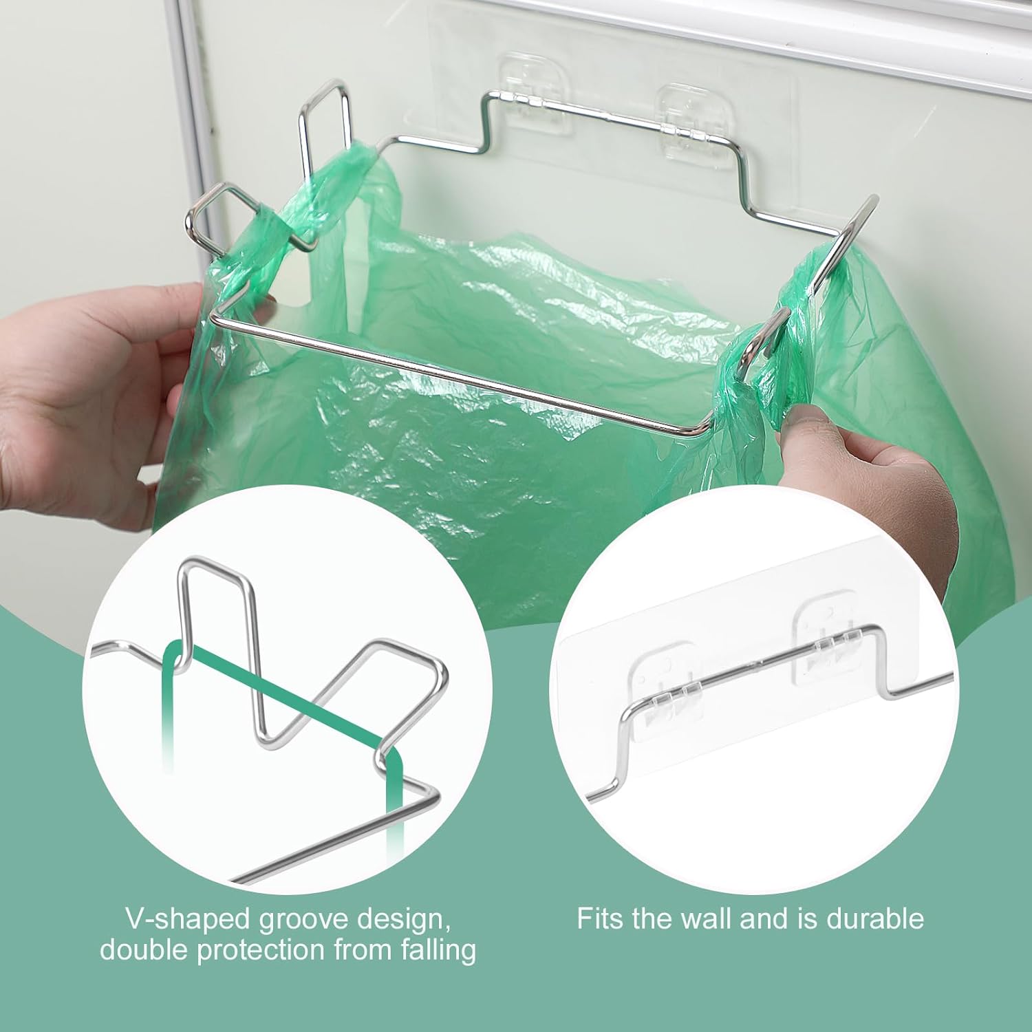 Stainless Steel Trash Bag Holder for Kitchen Cabinets Doors and Cupboards, Under Sink Bag Hanger