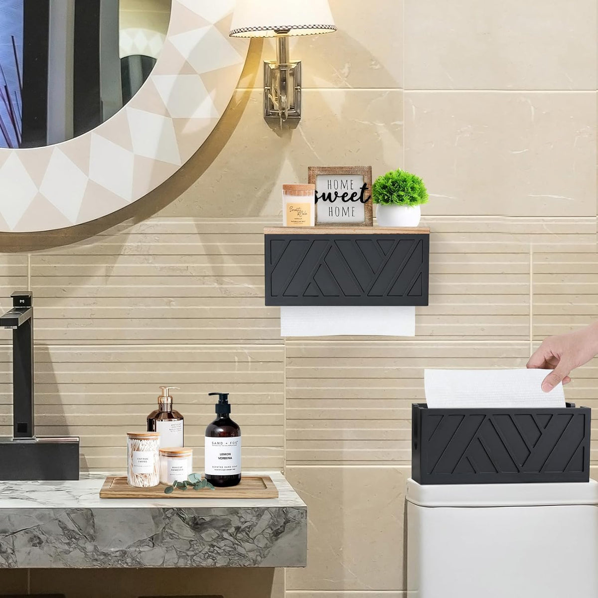 Set of 2 Paper Towel Dispenser Wall Mount, Paper Towel Holder Wall Mounted with Lid, Solid Wood
