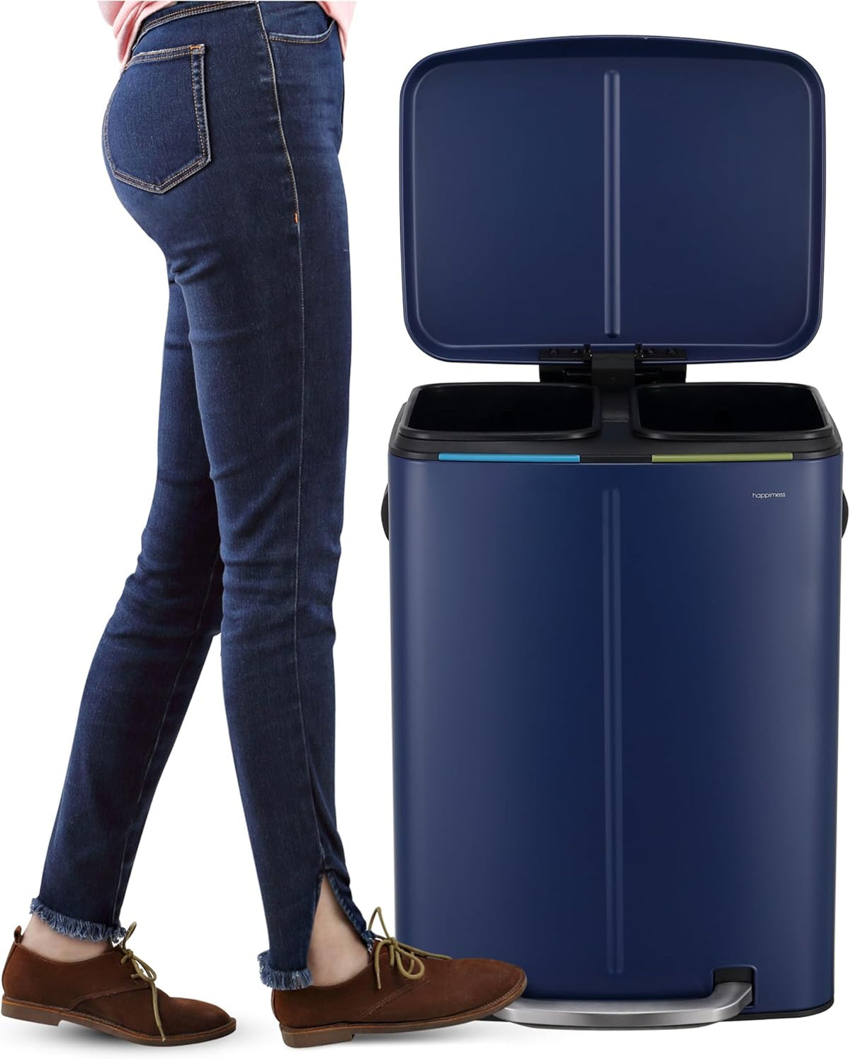 happimess HPM1005J Marco Rectangular 10.6-Gallon Double Bucket Trash Can with Soft-Close Lid, Denim