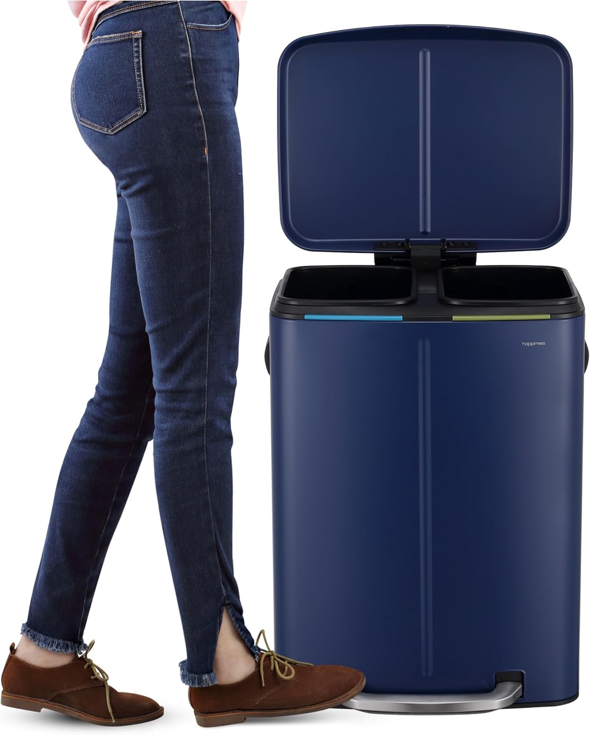happimess HPM1005J Marco Rectangular 10.6-Gallon Double Bucket Trash Can with Soft-Close Lid, Denim