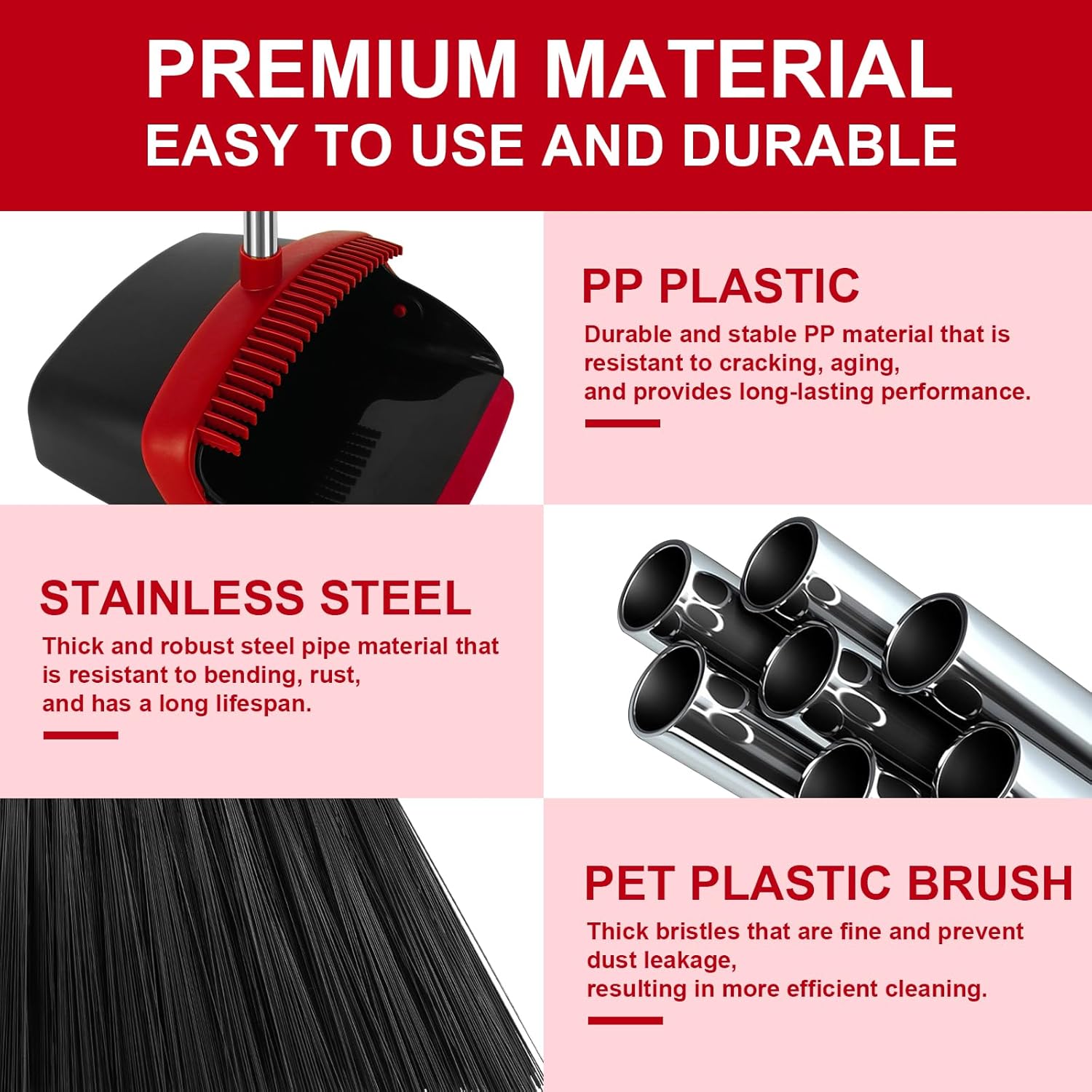 Broom and Dustpan Set, Large Household Broom with Dustpan Combo Set, 55 Inch Long Handle, Red Dust