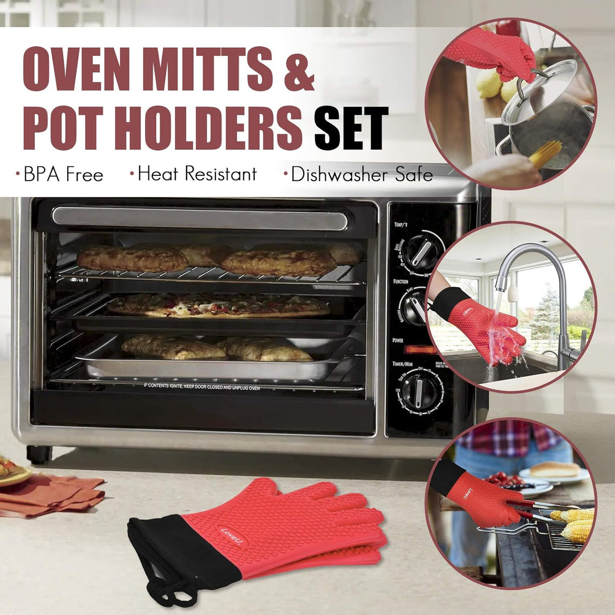Kitchen Oven Gloves - Silicone Double-Layer Heat Resistant Oven Mitts/BBQ Gloves/Grill Gloves