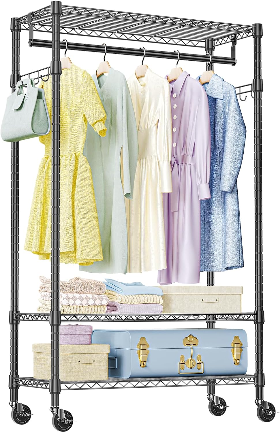 IZEUK Heavy Duty Rolling Garment Rack with 3 Adjustable Wire Shelves, Hanging Rod & Side Hooks
