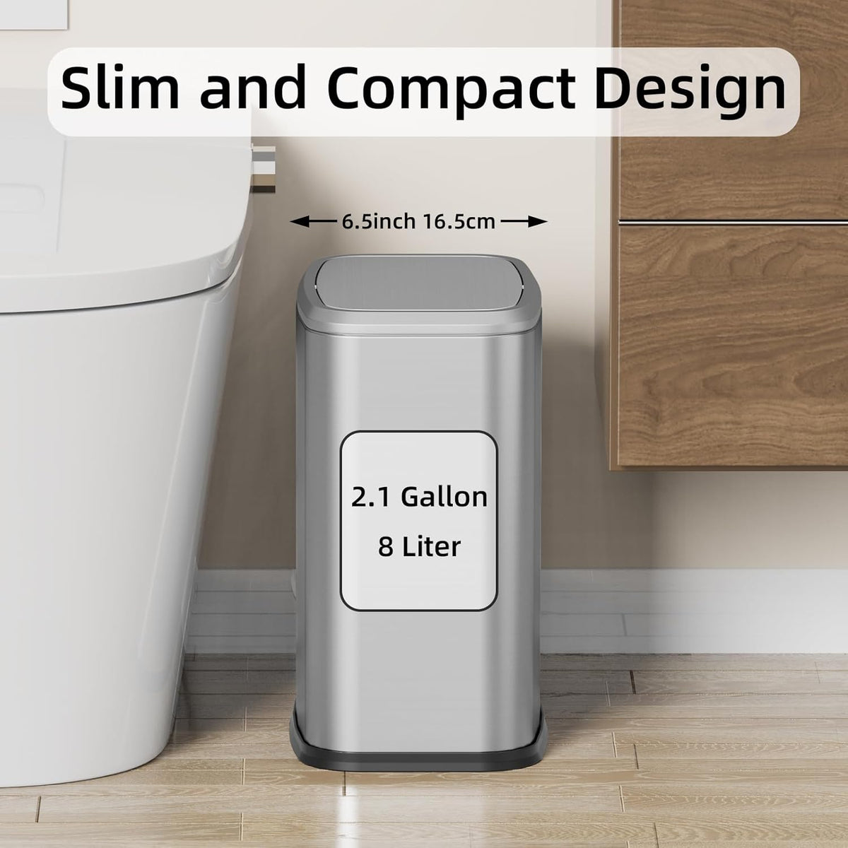 8L/2.1 Gal Small Bathroom Trash Can with Lid, Swing-Top Rectangular Waste Bin, Stainless Steel