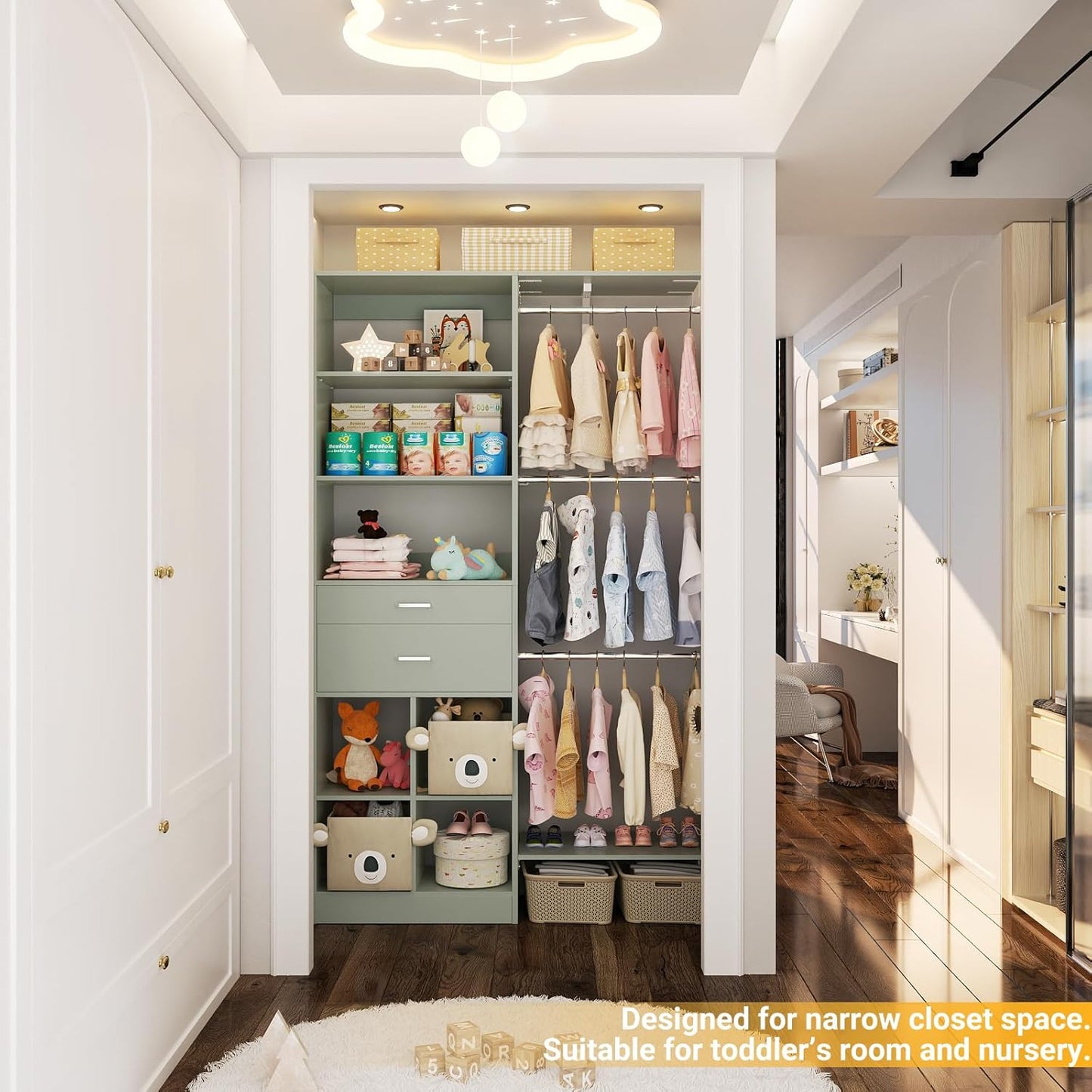 5FT Small Closet System, Baby Closet Organizer System with Wooden Drawers, 60 Inches Walk in Closet