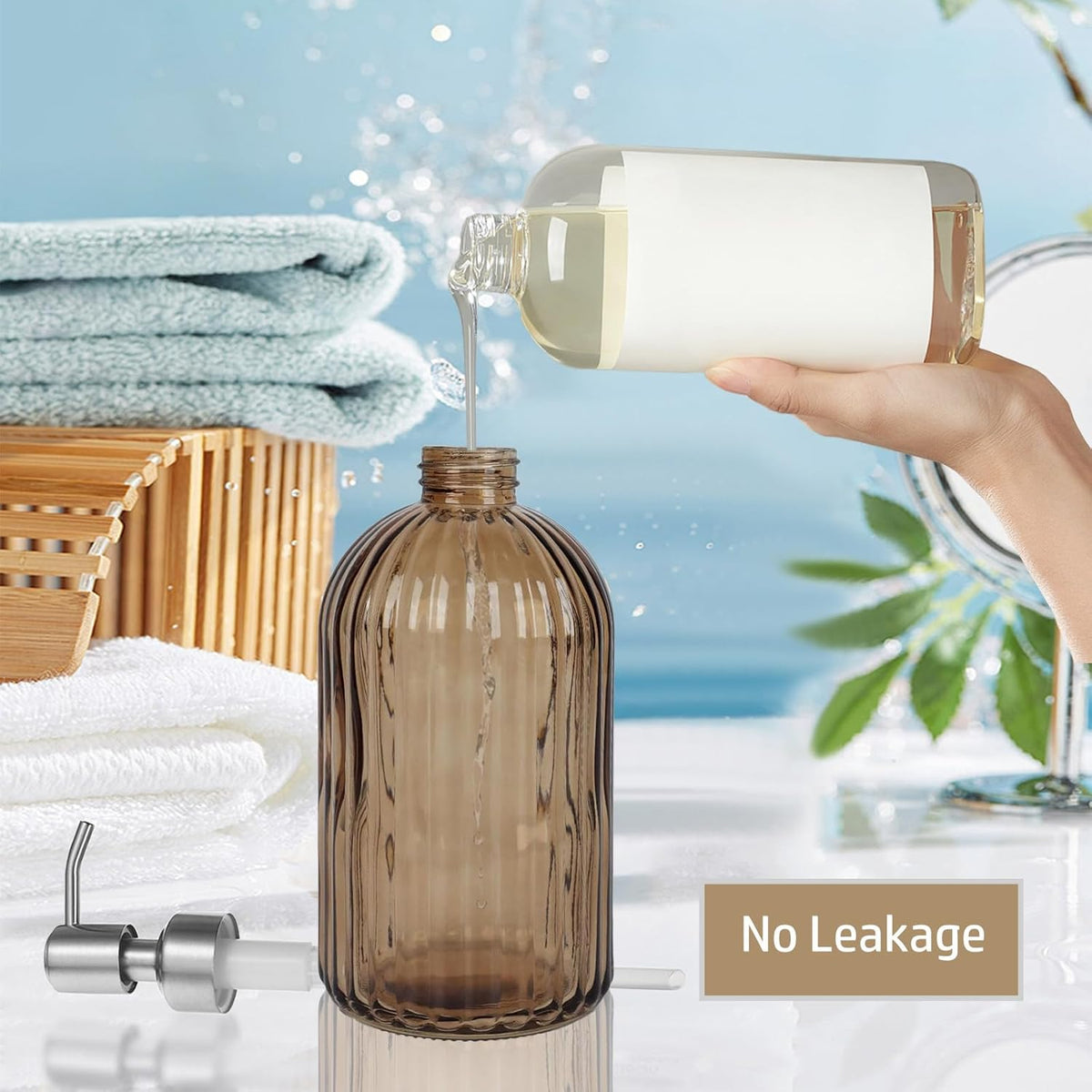 14Oz Brown Soap Dispenser Bathroom, Clear Glass Hand Soap Dispensers with Stainless Steel Pump