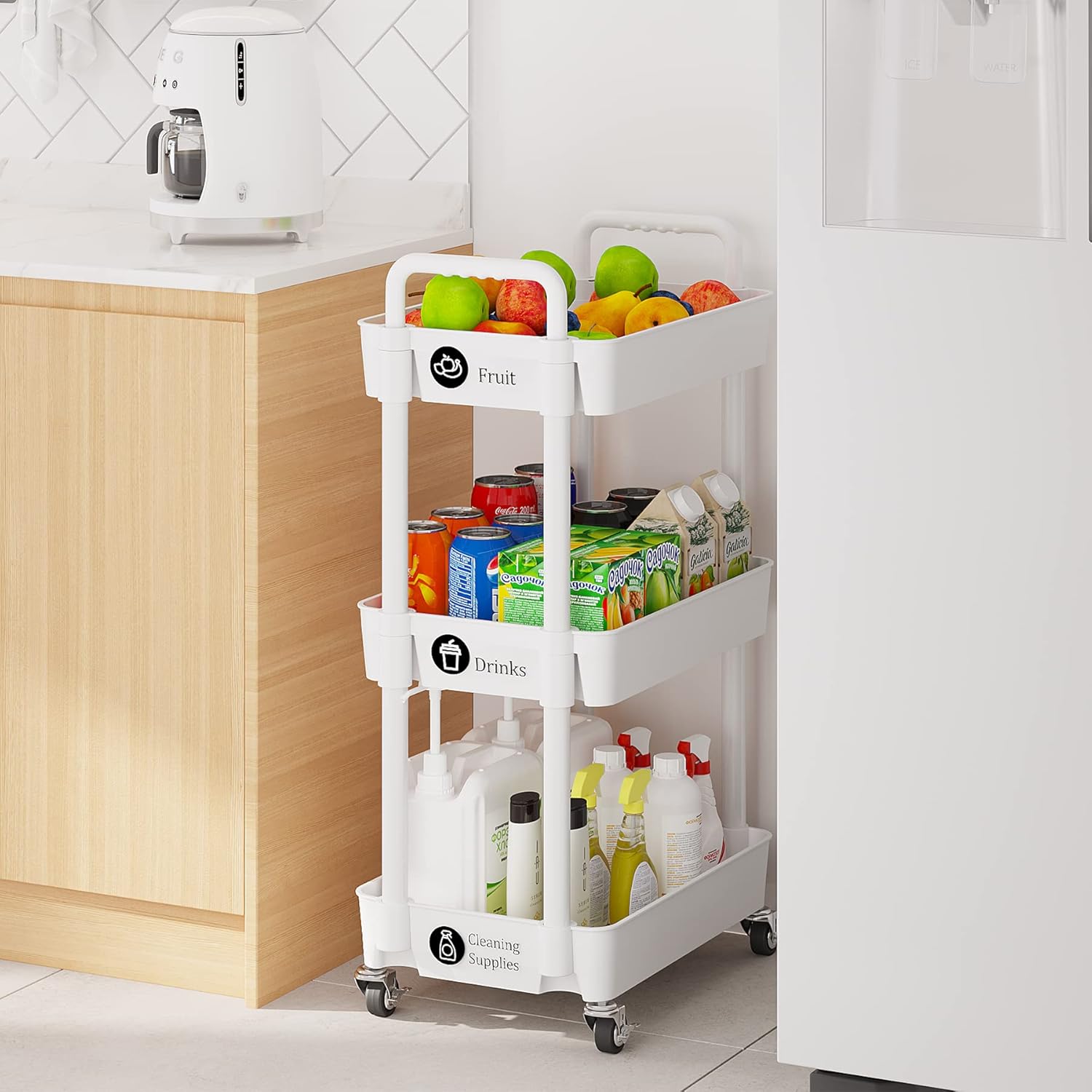 Laiensia 3-Tier Rolling Cart with Wheels,Multifunction Utility Storage carts, Kitchen Storage