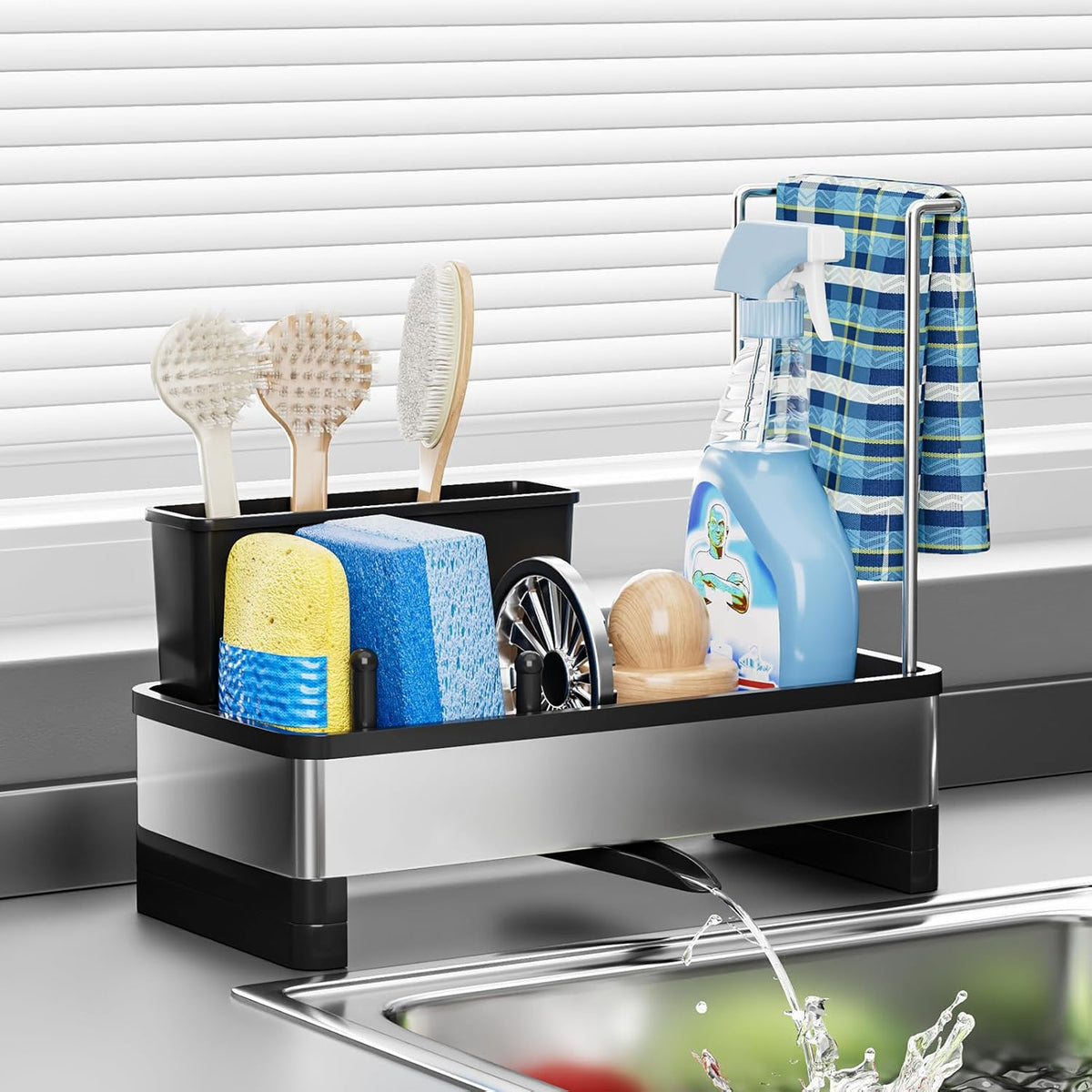 Stainless Steel Sink Caddy, Sponge Holder for Kitchen Sink with Brush Holder & Dishcloth Rack