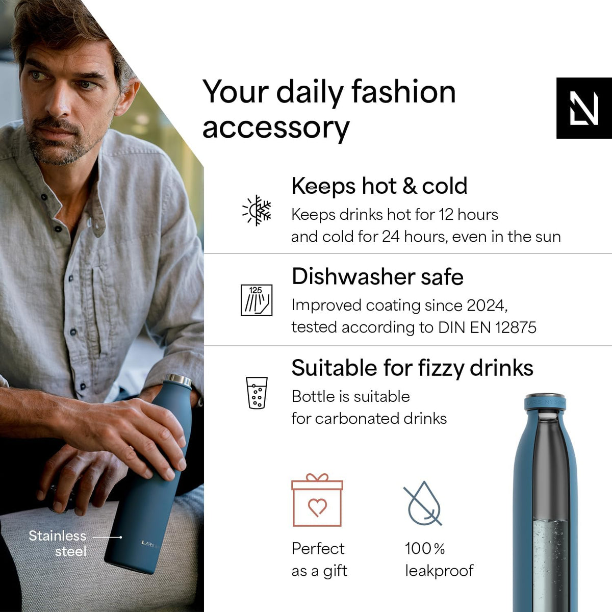 LARS NYSØM Stainless Steel Insulated Water Bottle 12oz 17oz 25oz 34oz 51oz | Insulated Thermo Flask