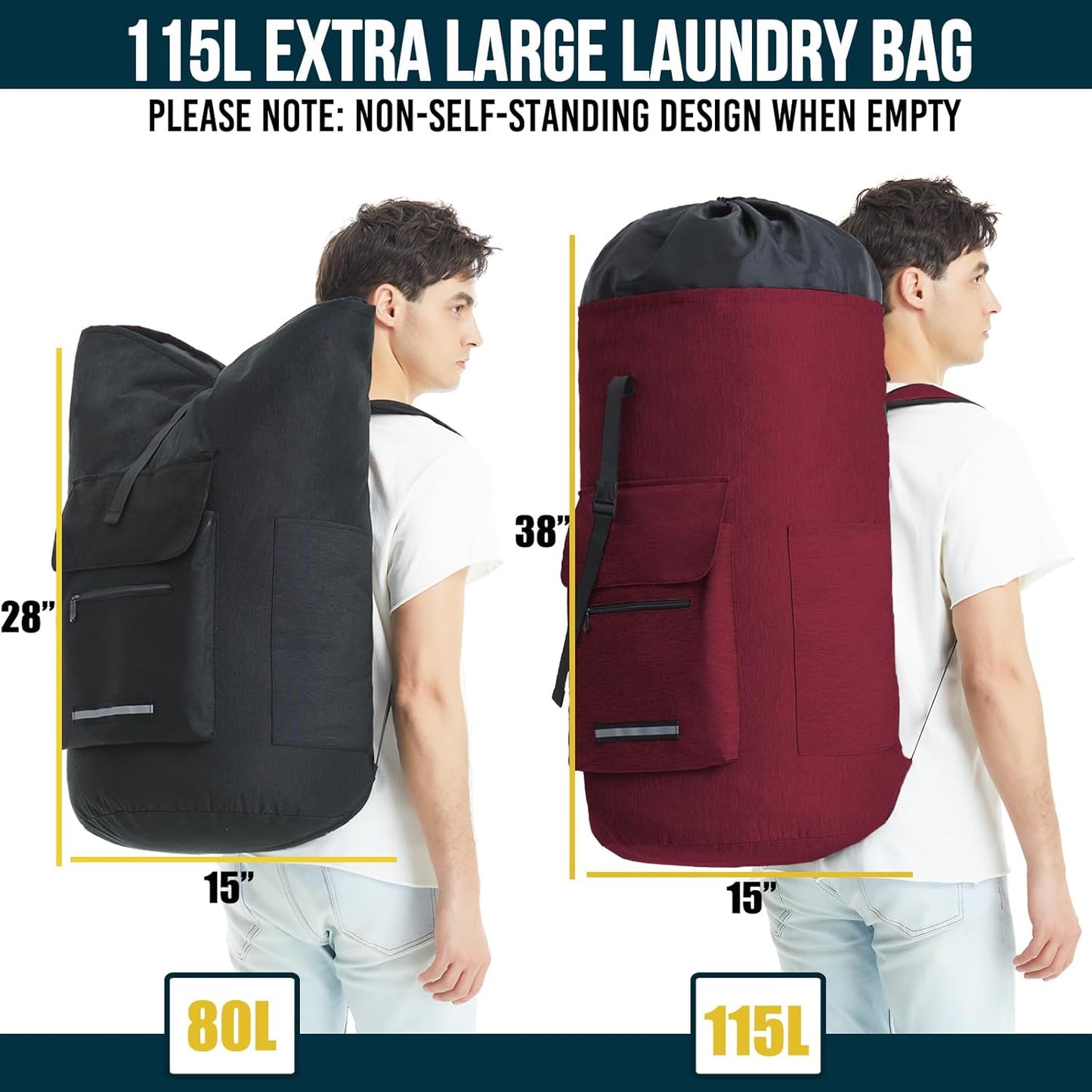 Laundry Bag With 4 Pockets，Laundry Bag With Shoulder Straps，Sturdy Laundry Backpack Heavy