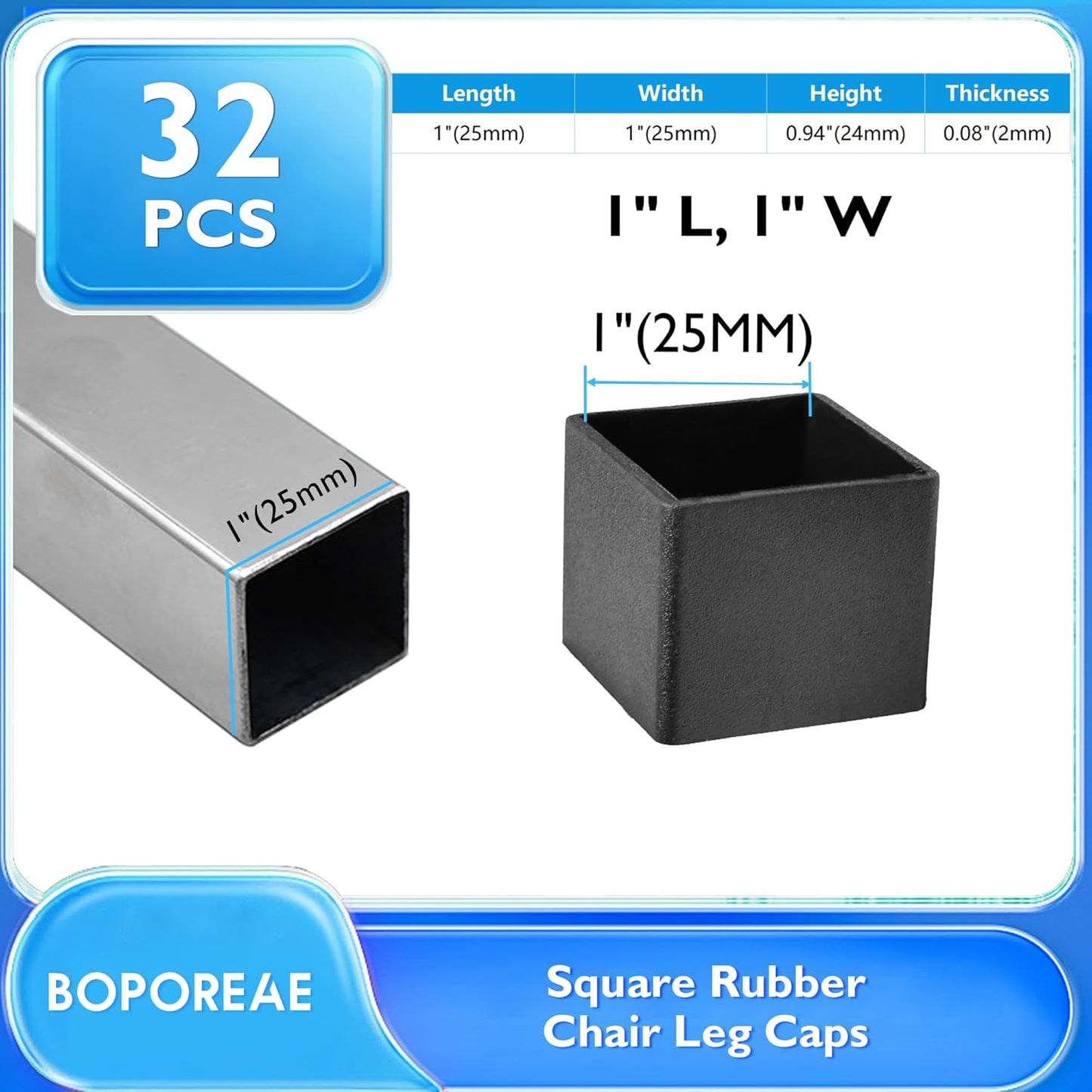 32 Pcs 1" x 1" Square Rubber Chair Leg Caps, PVC Table Leg Covers, Flexible & Anti-Slip Furniture