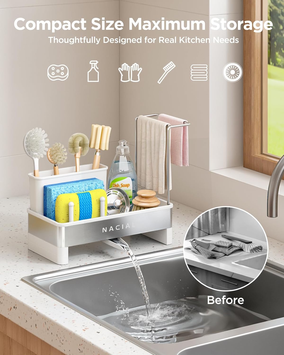 Nacial Sponge Holder for Kitchen Sink, Sink Caddy Organizer with High Brush Holder, Two Towel Racks