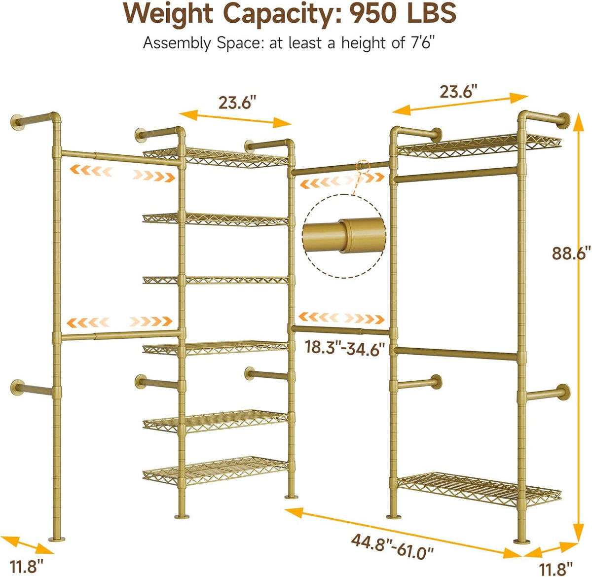 ONBRILL L4 Wall Mounted Industrial Pipe Clothing Rack, Closet Organizer System with 6 Hanging