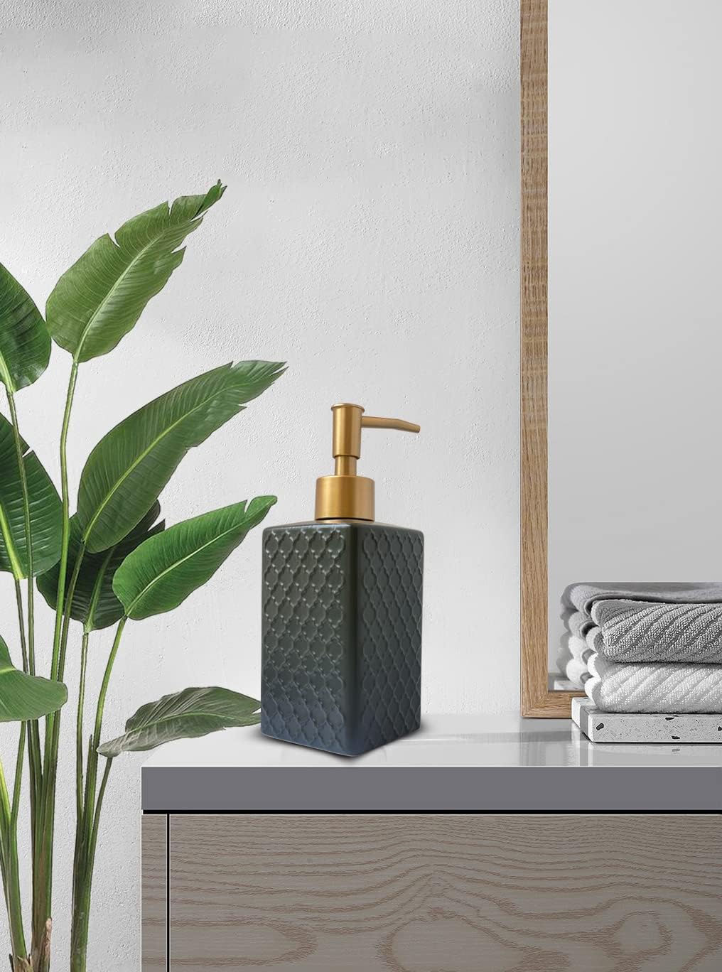 Gold Soap Dispenser for Bathroom,Retro Black Square Lotion Dispenser, Refillable Countertop Ceramic