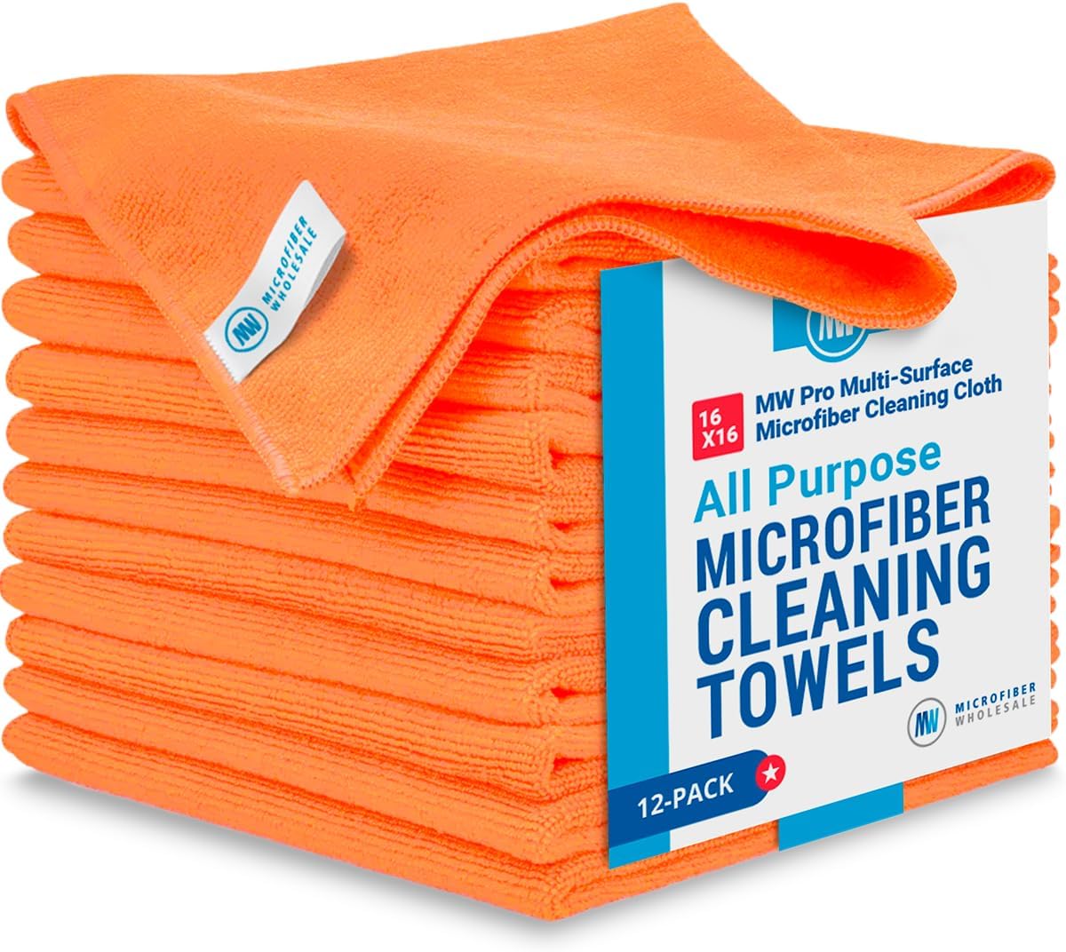 MW Pro Microfiber Cleaning Cloth | Orange | 12 Pack | 16” x 16” | All Purpose Microfiber Towels