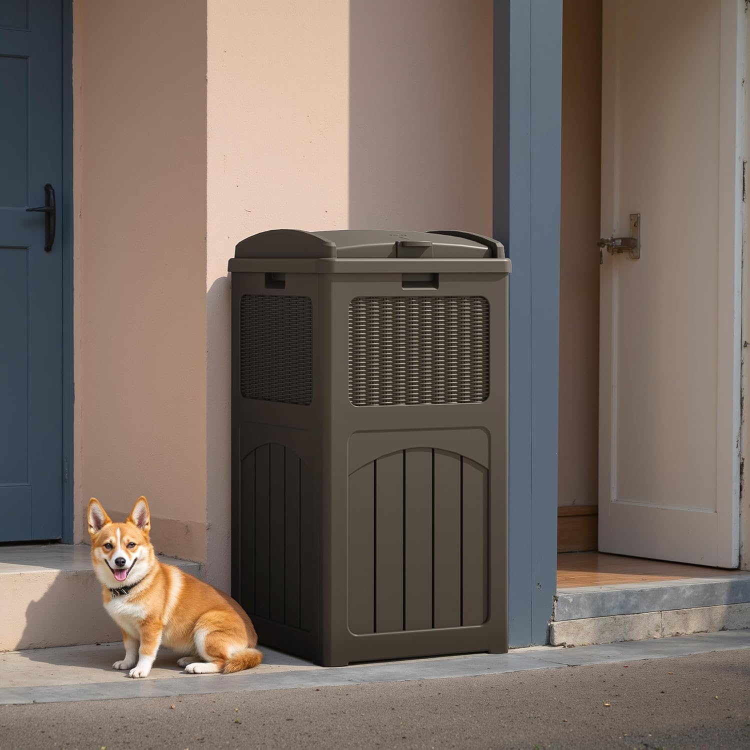 Flamaker 30 Gallon Trash Can, Resin Outdoor Garbage Can with Lid, Waterproof Hideaway Patio Waste